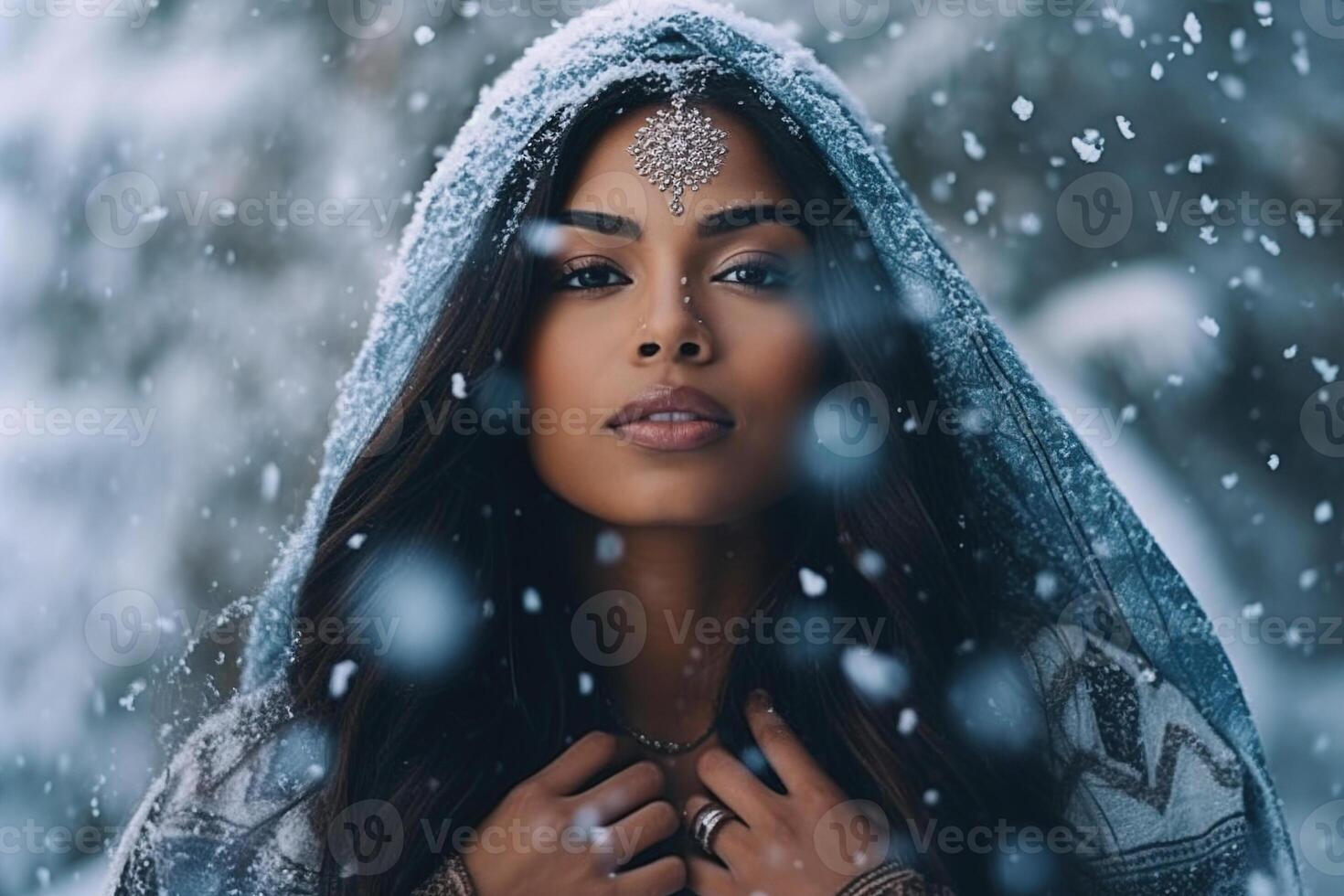 Jeune Indien femme profiter hiver flocons de neige dans une joyeux Extérieur moment. génératif ai photo