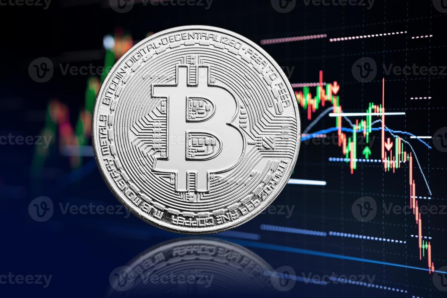 Bitcoin pièce et fond de graphique boursier avec chute de prix crypto-monnaie photo