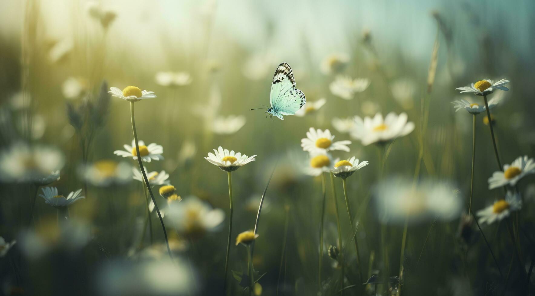 magnifique et coloré papillon flottant plus de le délicat bellamy fleurs marguerites sur une ensoleillé été jour, produire ai photo