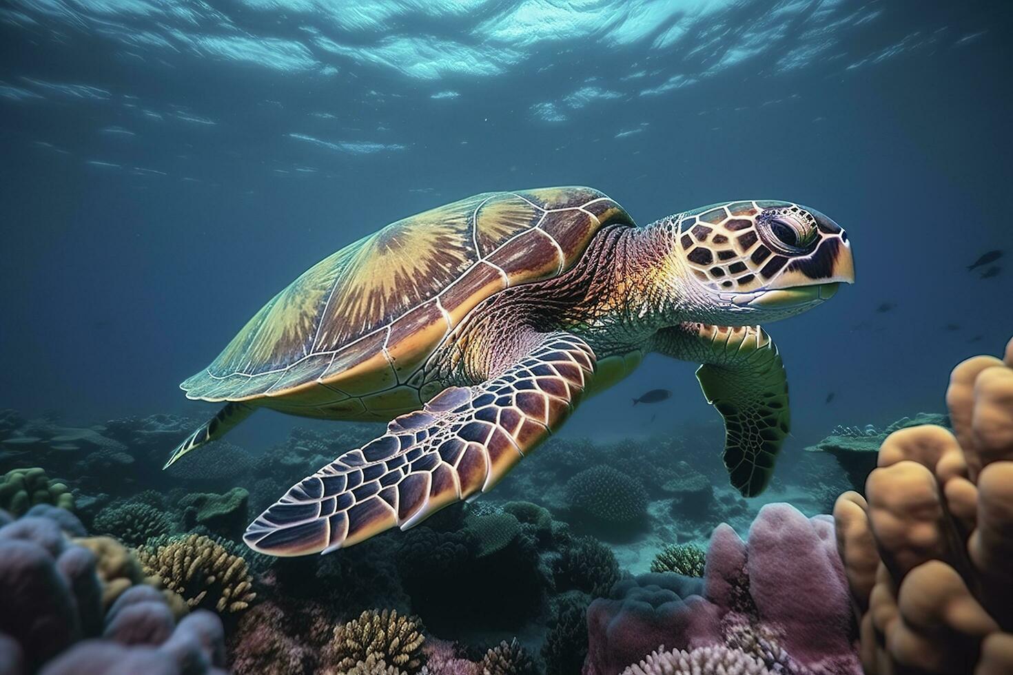 mer tortue nager le sous-marin, magnifique sous-marin et coloré corail dans le sauvage la nature de le pacifique océan produire ai photo