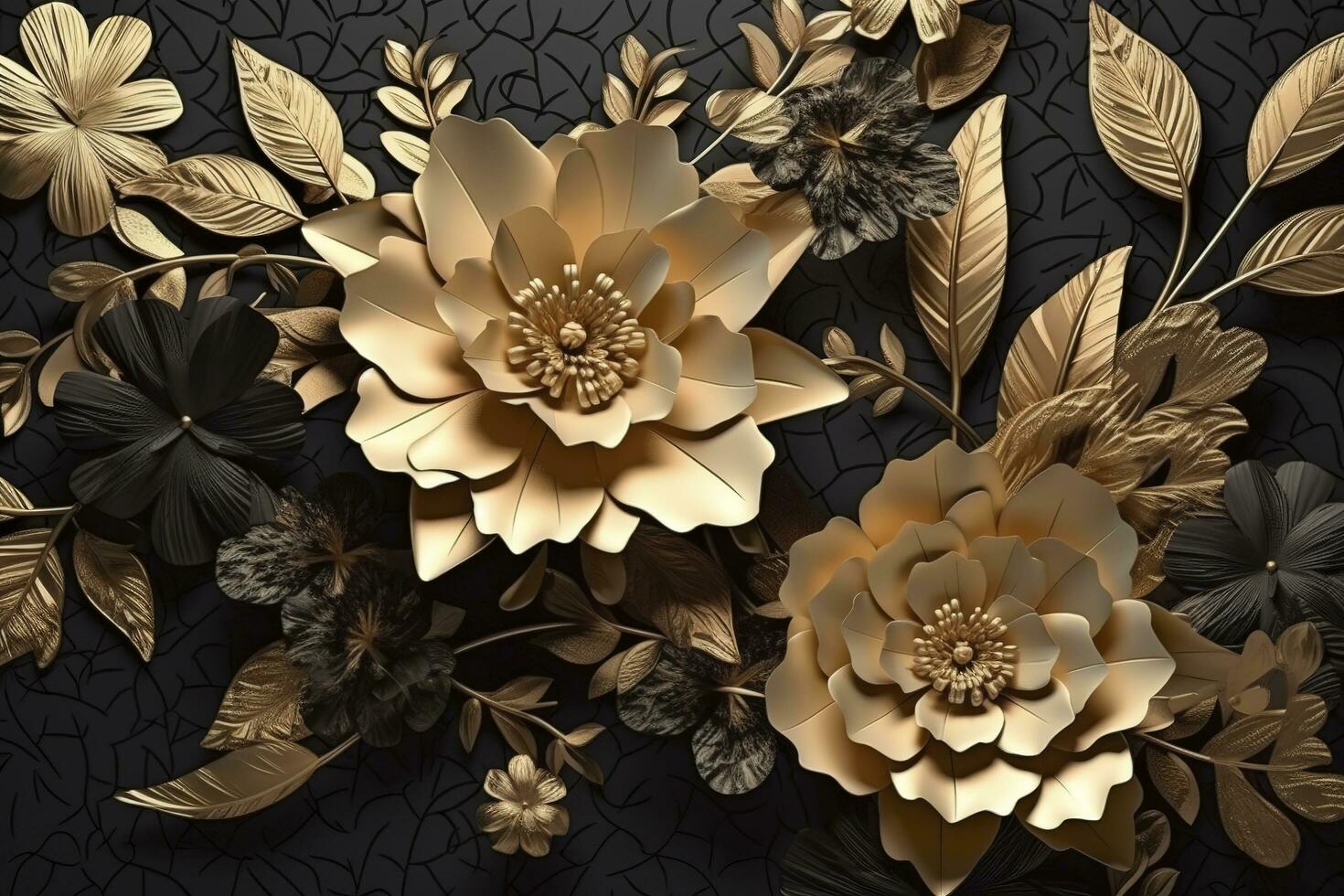 3d mural floral fond d'écran. d'or et noir fleurs et feuilles. 3d rendre Contexte mur décor, produire ai photo