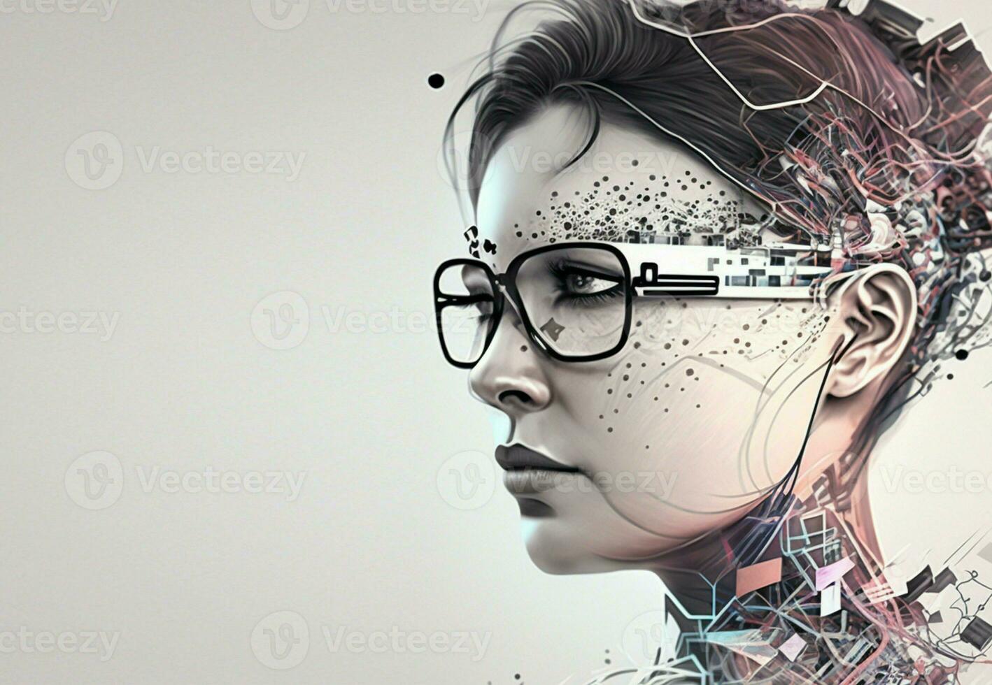 profil portrait de robot bot ai avec connecté des lunettes blanc Contexte. synthétique humanoïde robot, artificiel intelligence.portrait de gynoïde, futuriste cyborg. bannière avec espace pour texte, copie espace photo