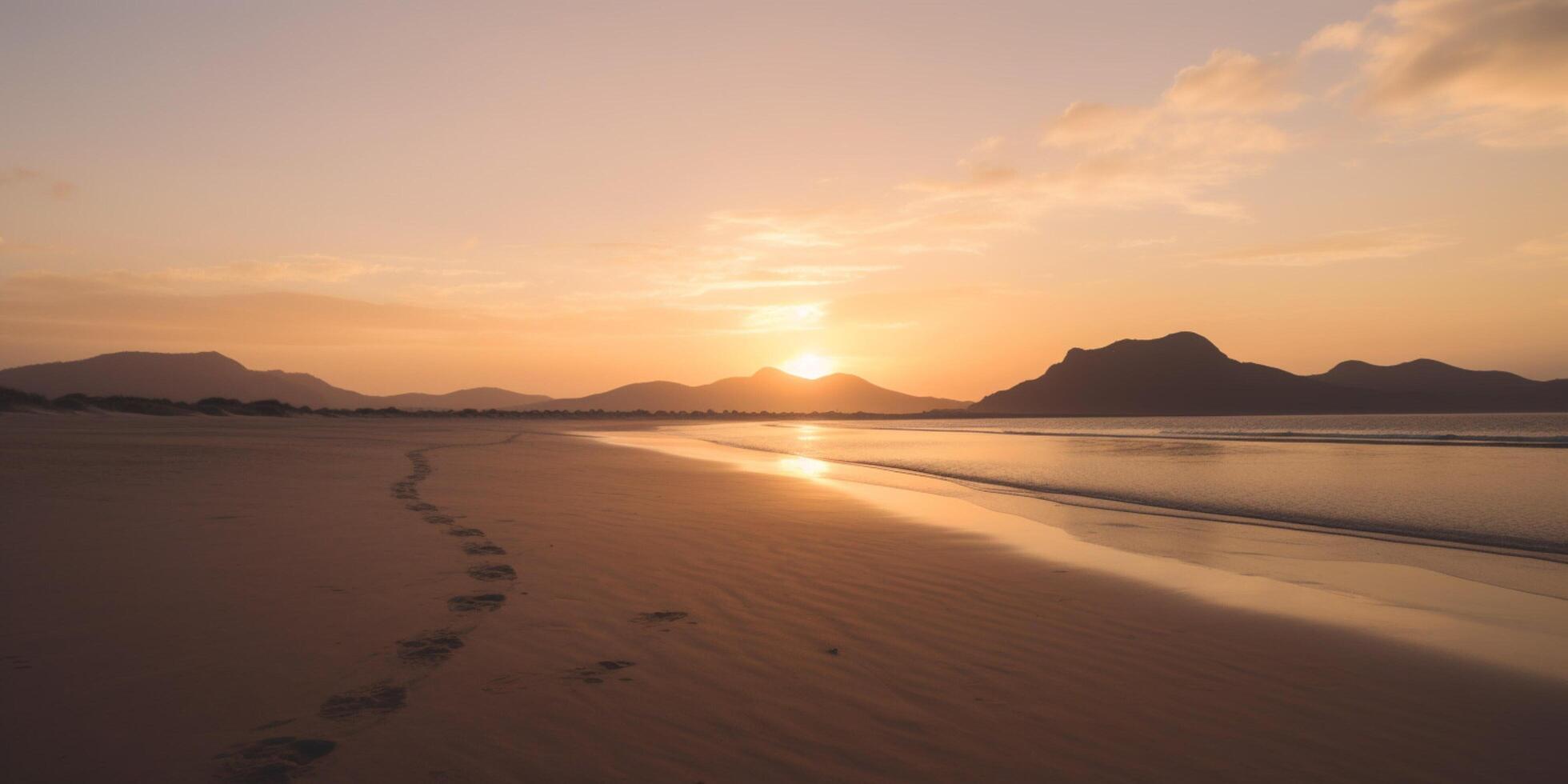 le coucher du soleil sur le plage avec montagnes dans le Contexte ai généré photo