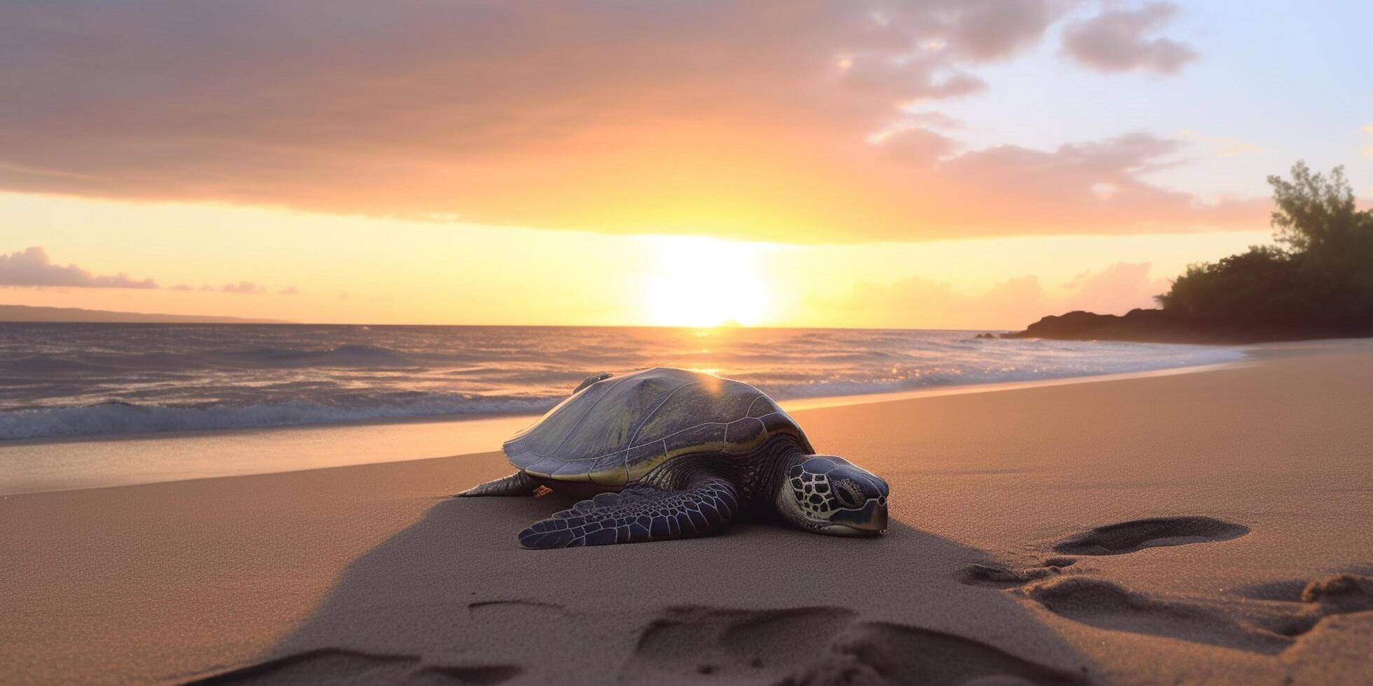 tortue sur le plage à le coucher du soleil ai généré photo