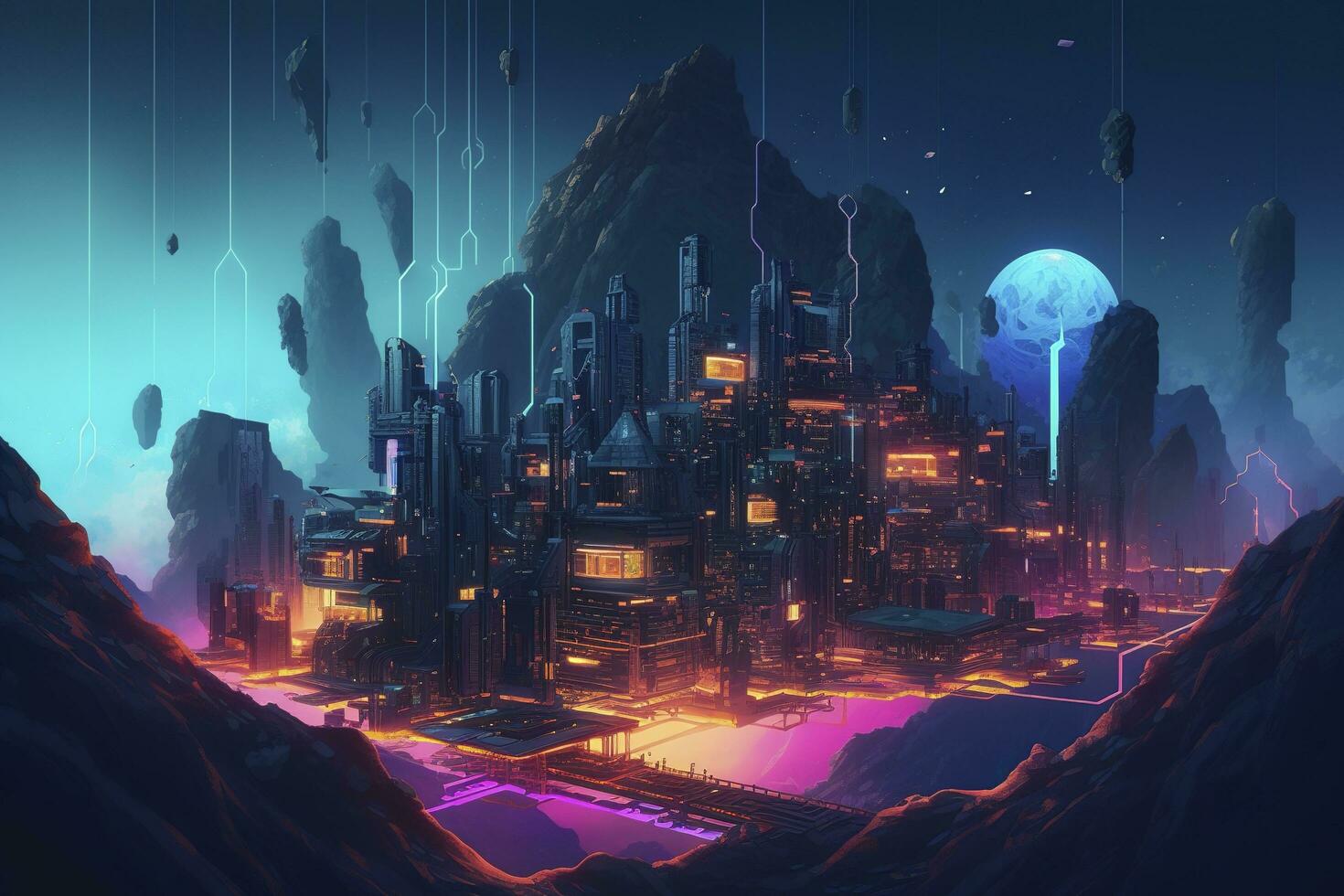 3d isométrique de science-fiction cyberpunk ville avec embrasé néon lumières à nuit. numérique illustration, produire ai photo