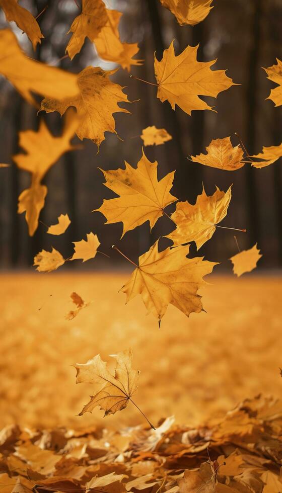 en volant tomber érable feuilles sur l'automne Contexte. chute feuilles, saisonnier bannière avec l'automne feuillage, produire ai photo