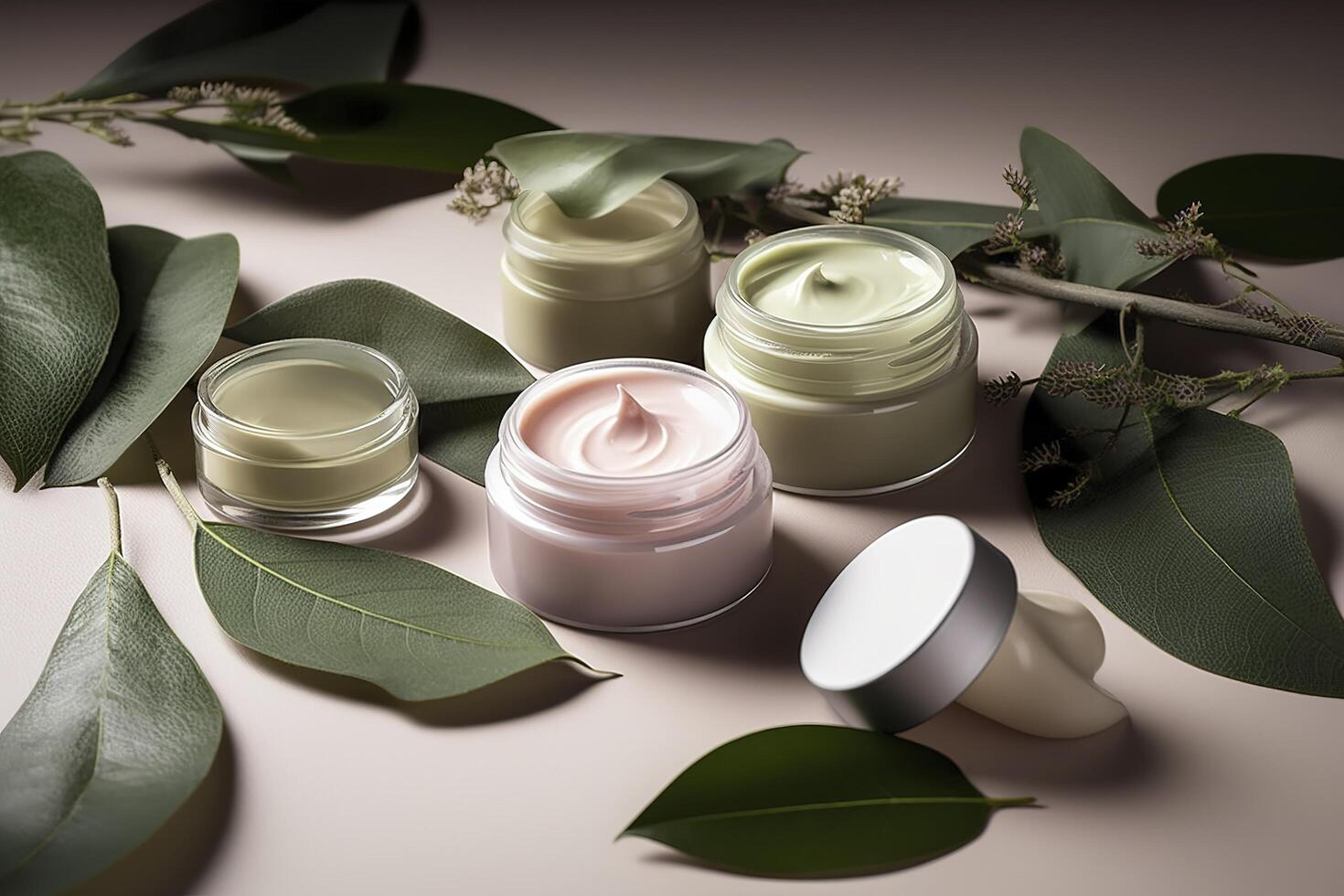 éco amical produits de beauté décoré avec vert feuilles, biologique faciale soins de la peau, maquillage et peau se soucier cosmétique articles. ai généré image. photo