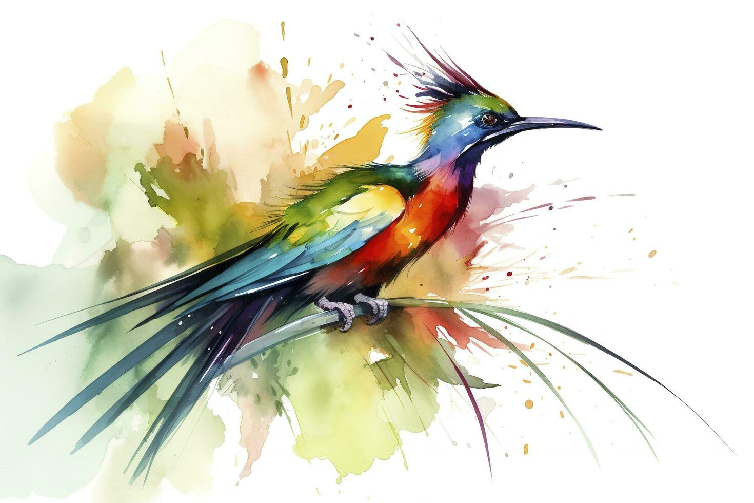 une oiseau de paradis affichage ses coloré plumes aquarelle peinture, magnifique Naturel formes, croustillant nettoyer formes, coloré, blanc arrière-plan, produire ai photo