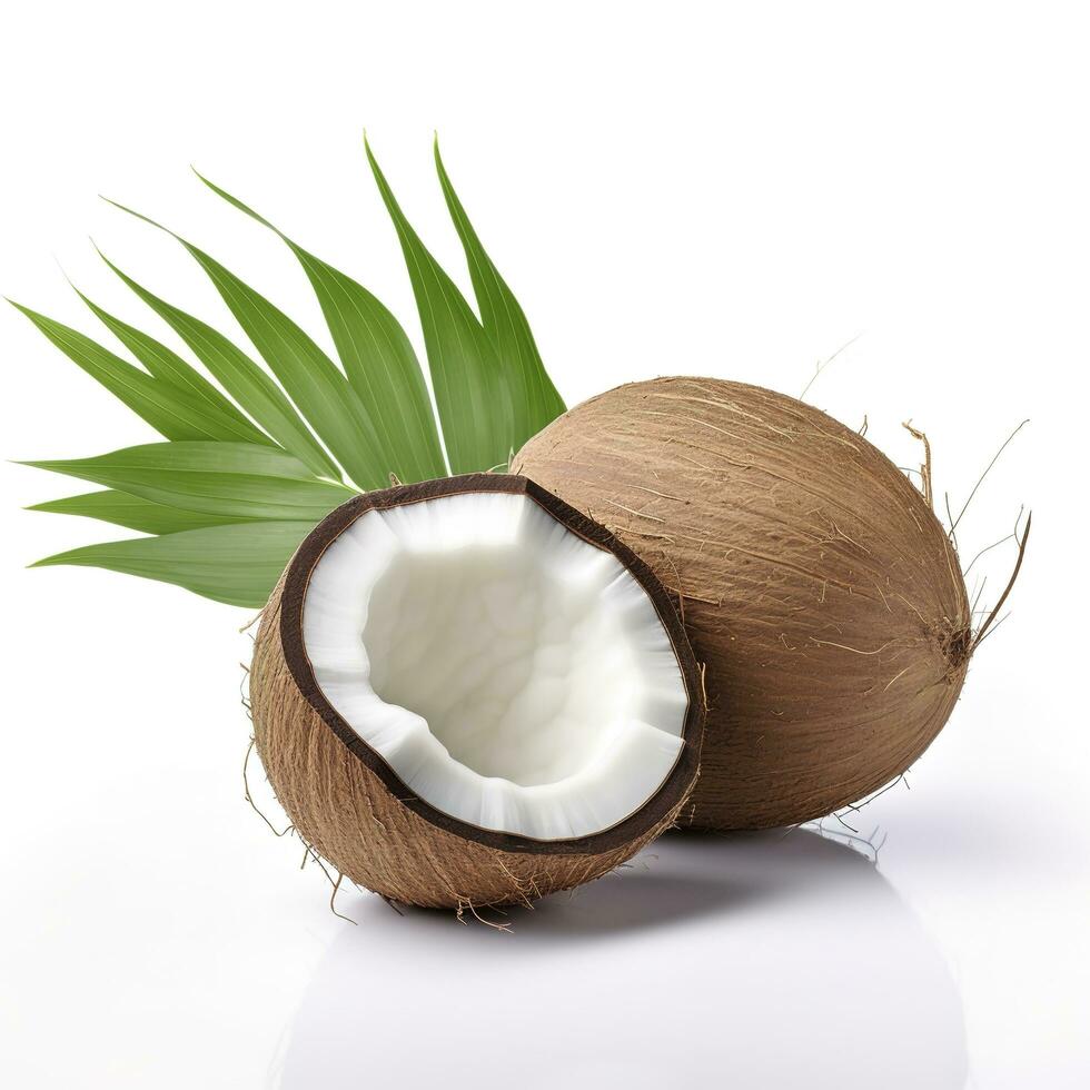 noix de coco avec moitié et feuilles sur blanc arrière-plan, produire ai photo