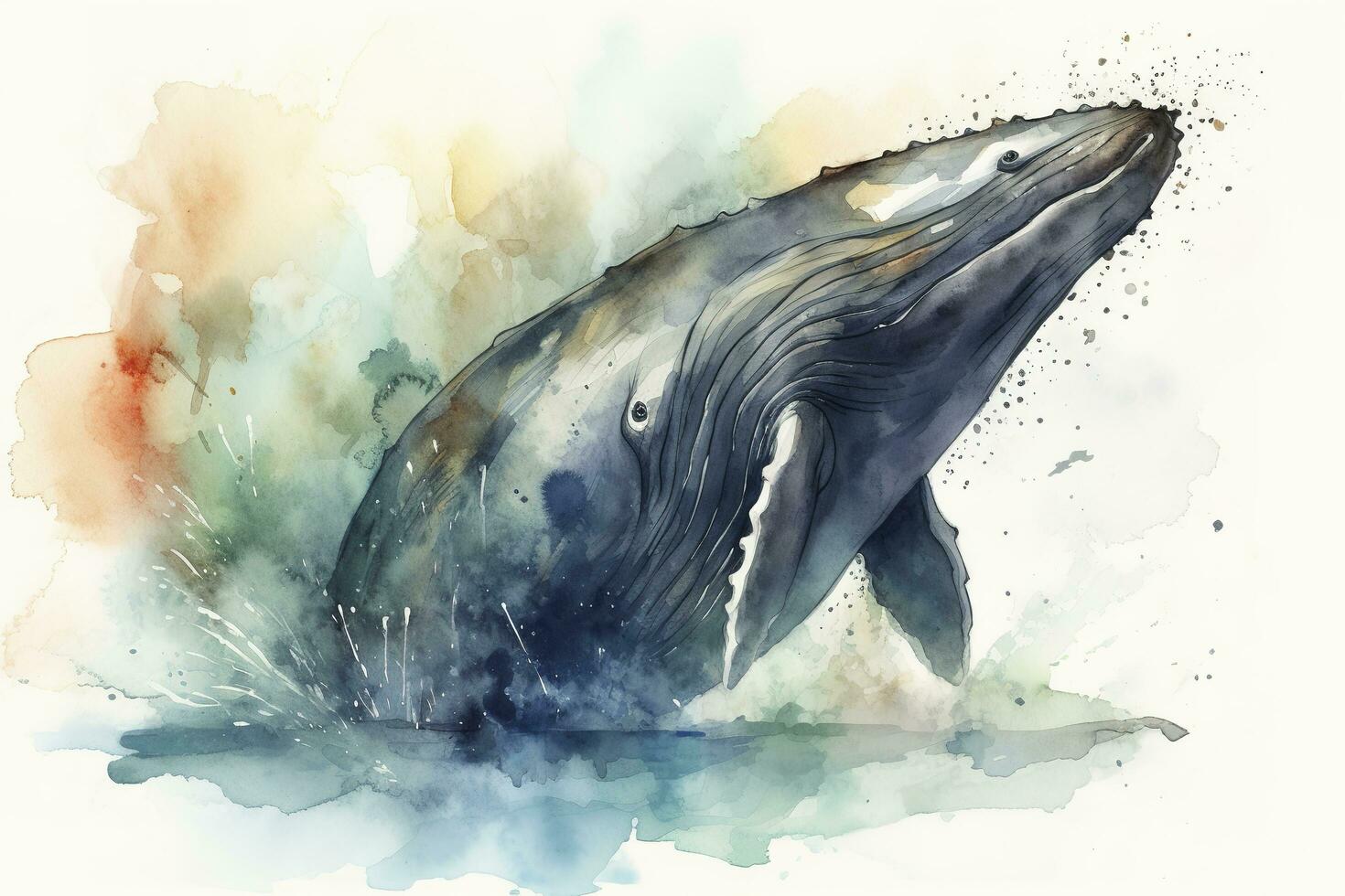 une baleine briser dans une orageux océan aquarelle peinture, magnifique Naturel formes, croustillant nettoyer formes, coloré, blanc arrière-plan, produire ai photo