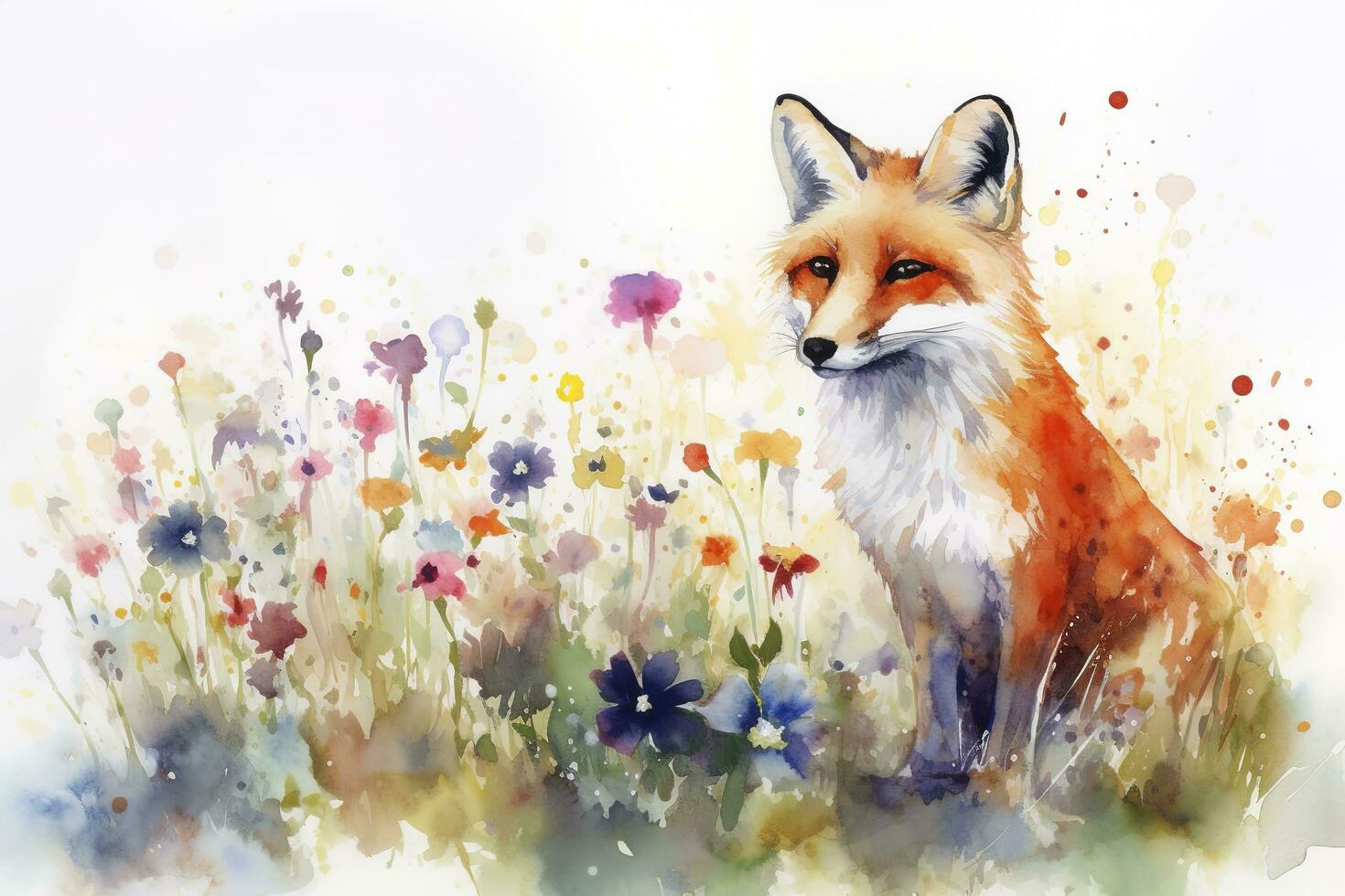 une Renard dans une champ de fleurs, aquarelle peinture, magnifique Naturel formes, croustillant nettoyer formes, coloré, blanc arrière-plan, produire ai photo