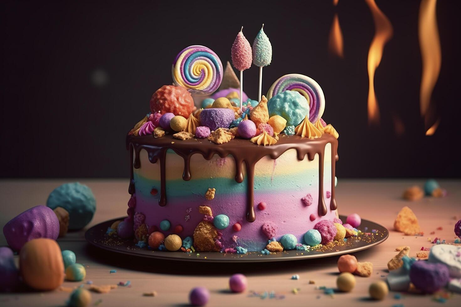 fête fête anniversaire gâteau avec beaucoup de glaçage et décorations, génératif ai photo