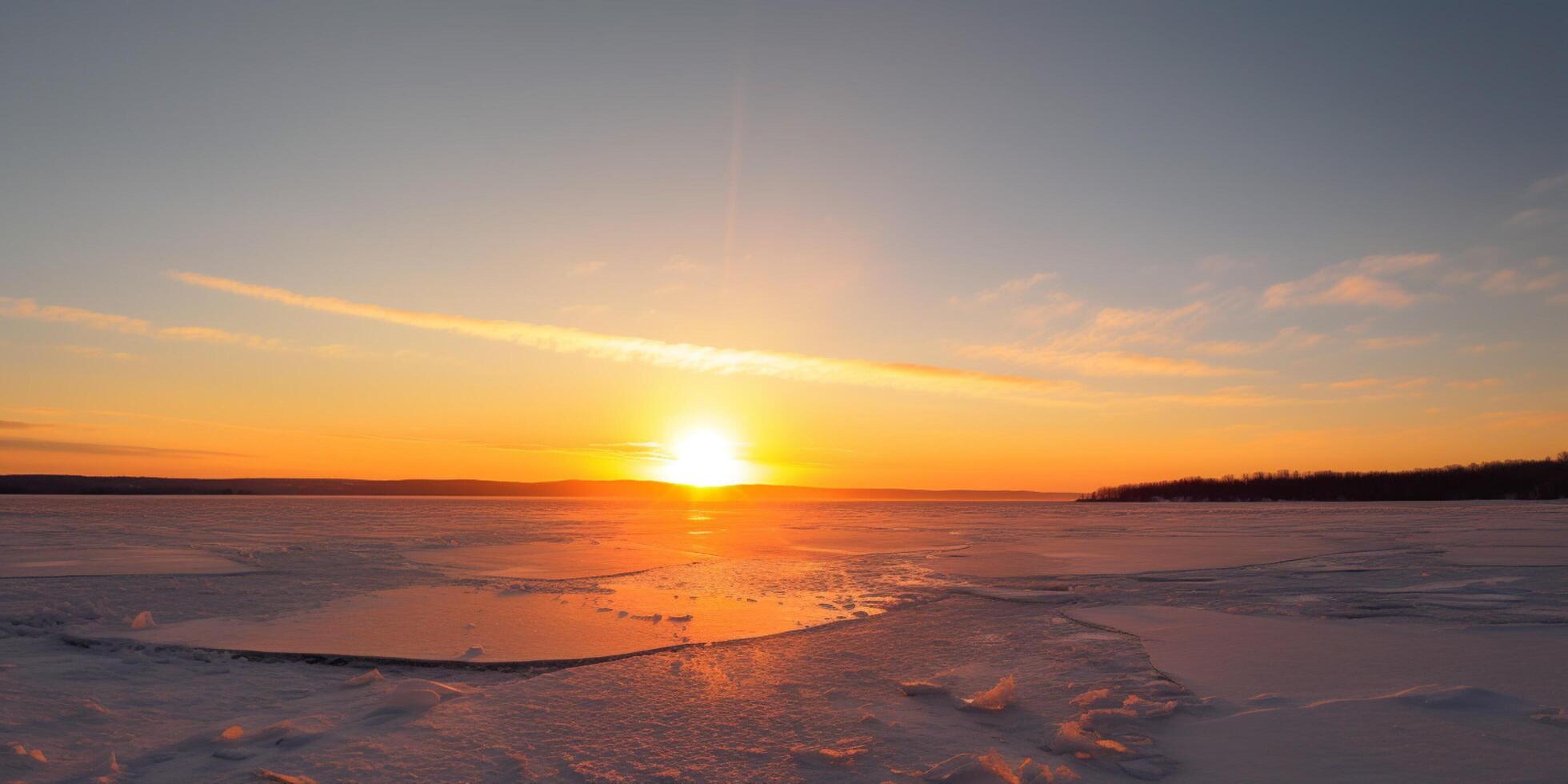 le coucher du soleil sur le plage avec montagnes dans le Contexte ai généré photo