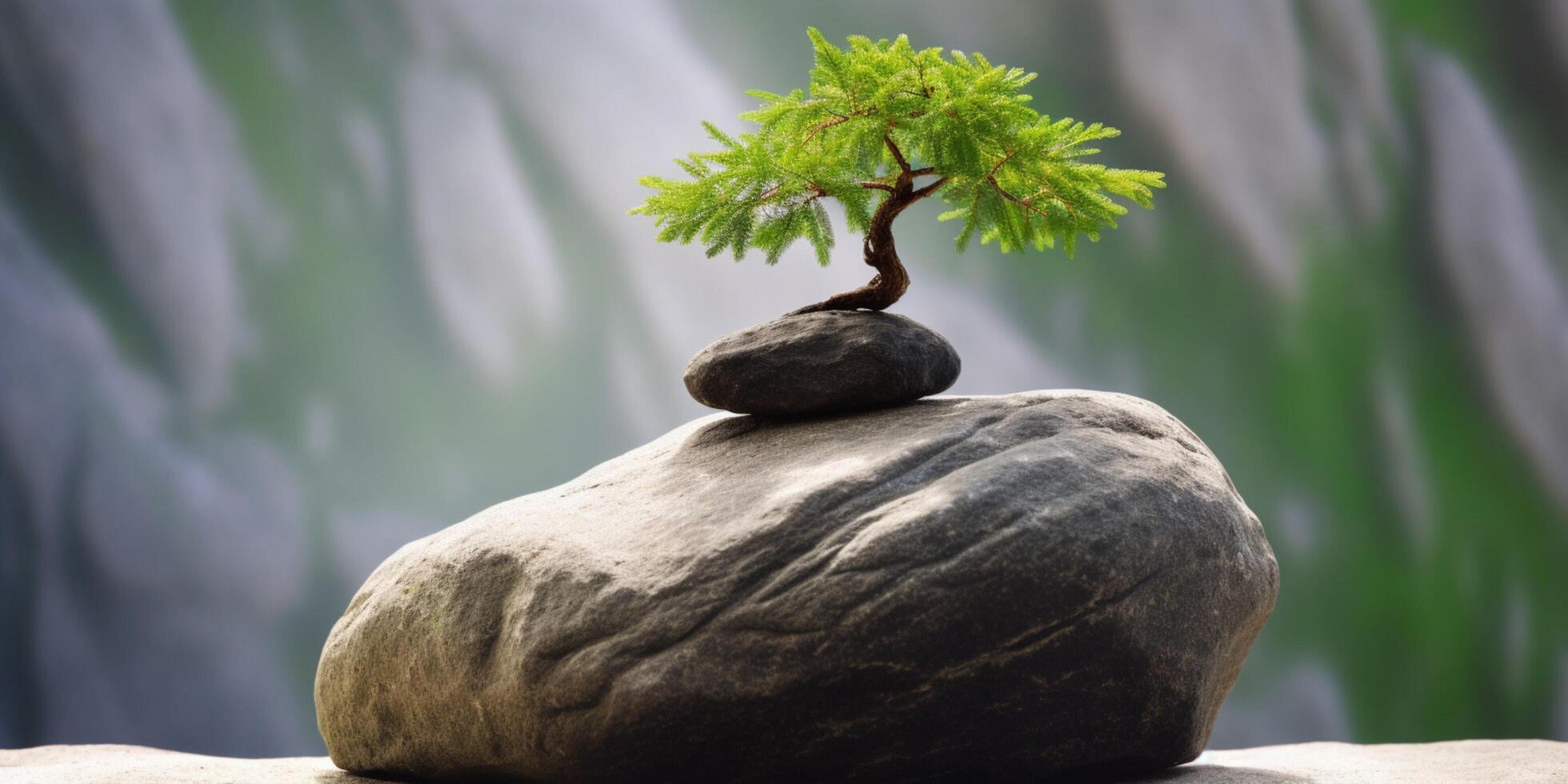 Zen Roche avec une arbre sur il ai généré photo