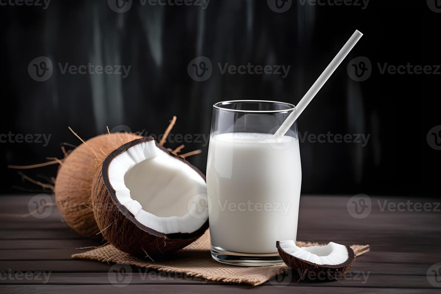 noix de coco Lait cocktail avec une pièce de noix de coco sur foncé Contexte. ai généré. photo