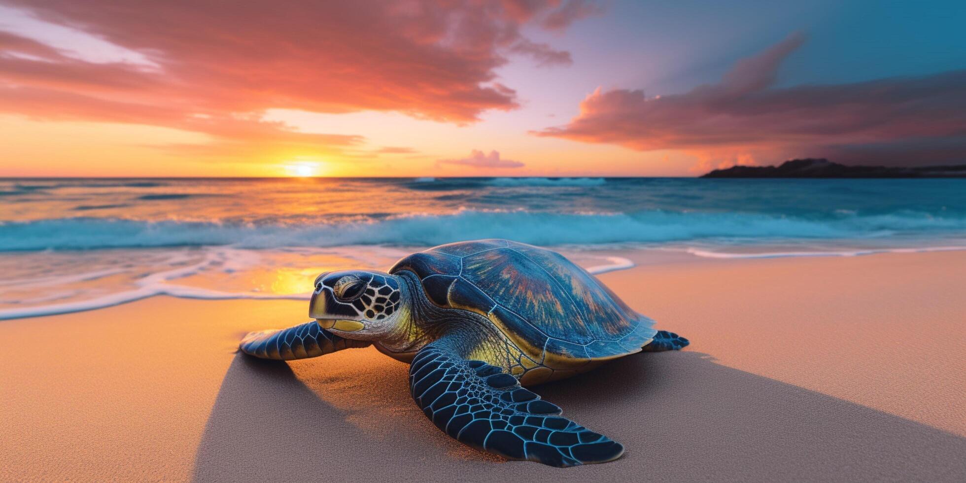 tortue sur le plage à le coucher du soleil ai généré photo