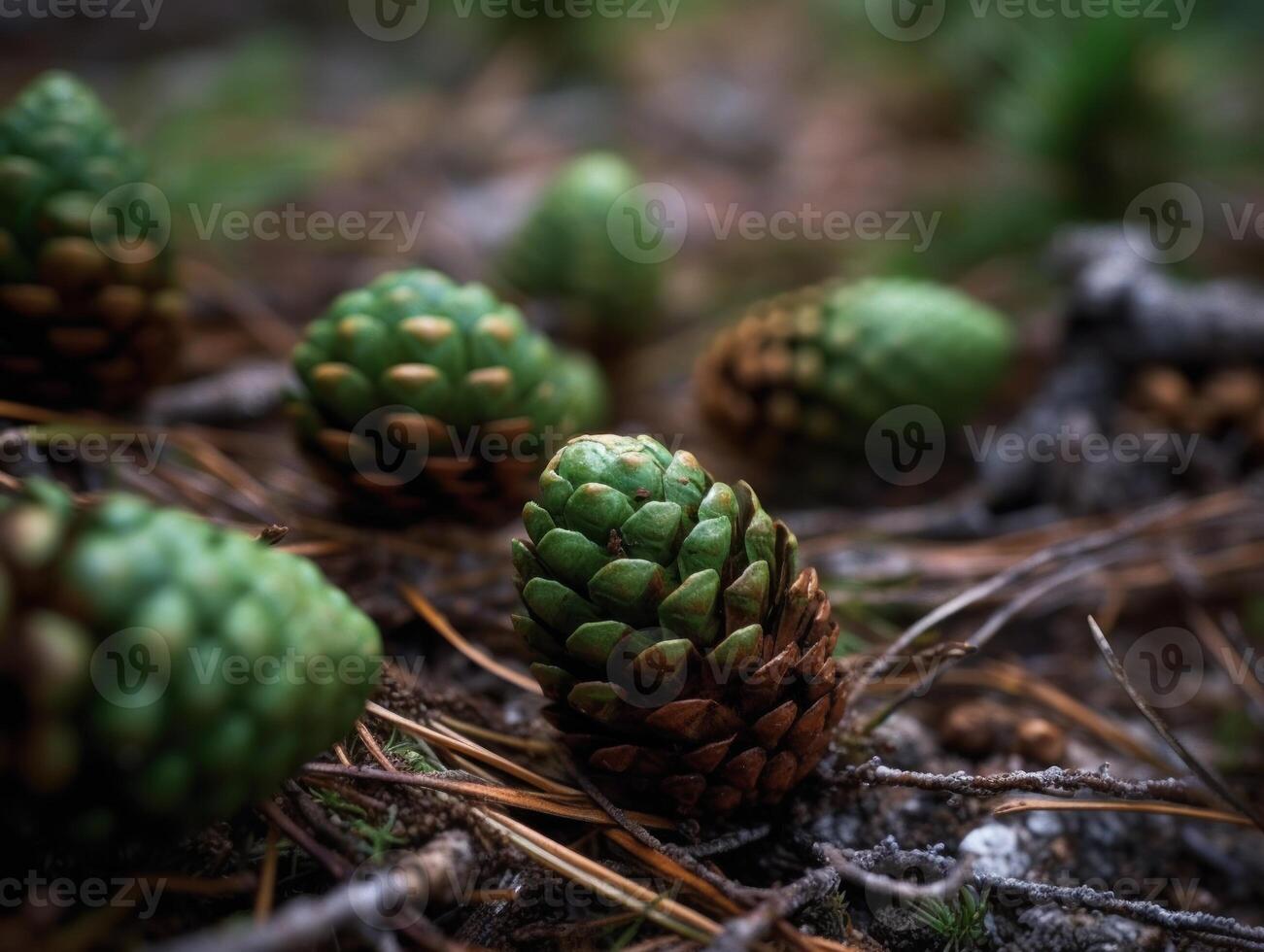 pin cônes dans le forêt. sélectif se concentrer. établi avec génératif ai technologie. photo