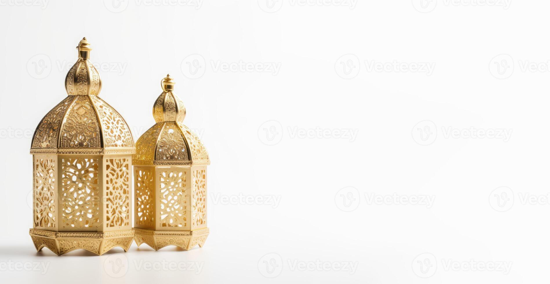 réaliste moderne islamique vacances bannière pour eid Al adha. eid Al fitr blanc Contexte. d'or lanterne décoration avec espace pour texte. génératif ai illustration. photo