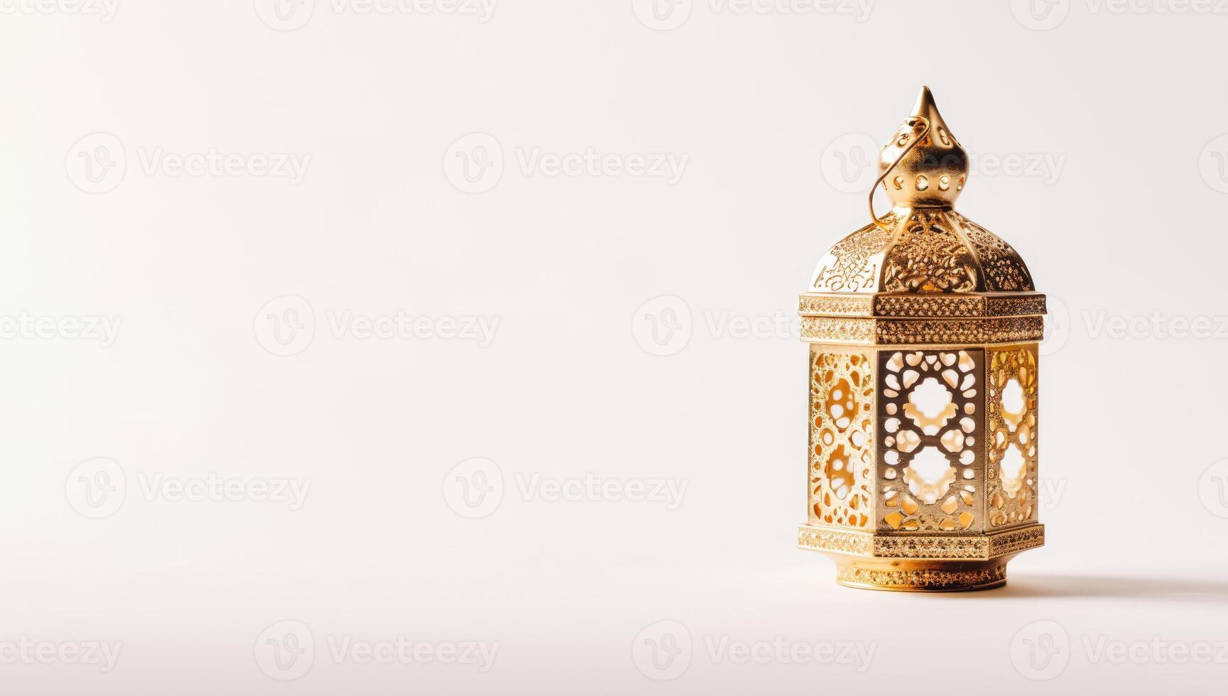 réaliste moderne islamique vacances bannière pour eid Al adha. eid Al fitr blanc Contexte. d'or lanterne décoration avec espace pour texte. génératif ai illustration. photo