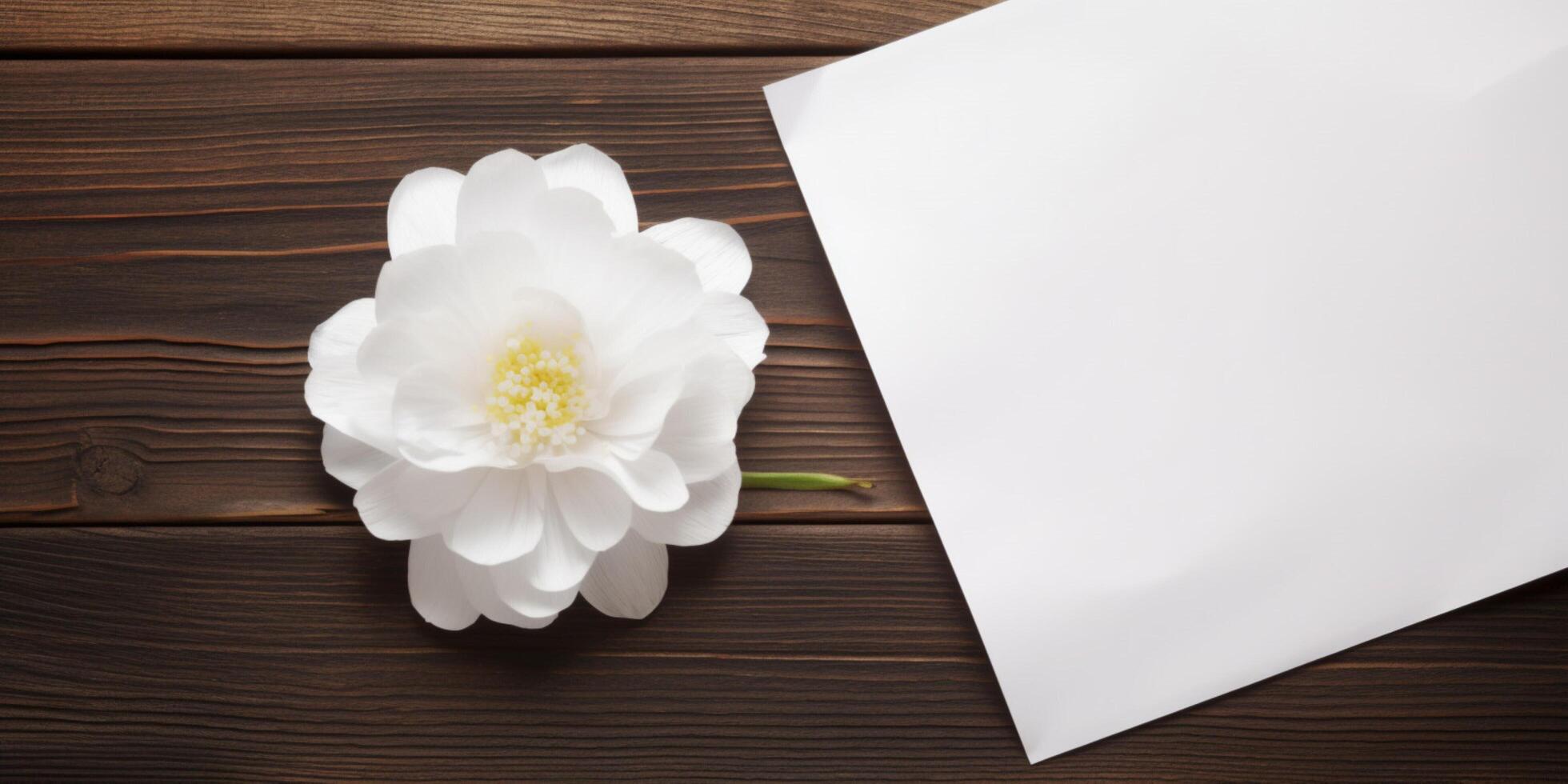 blanc Rose sur une en bois bureau avec papier ai généré photo