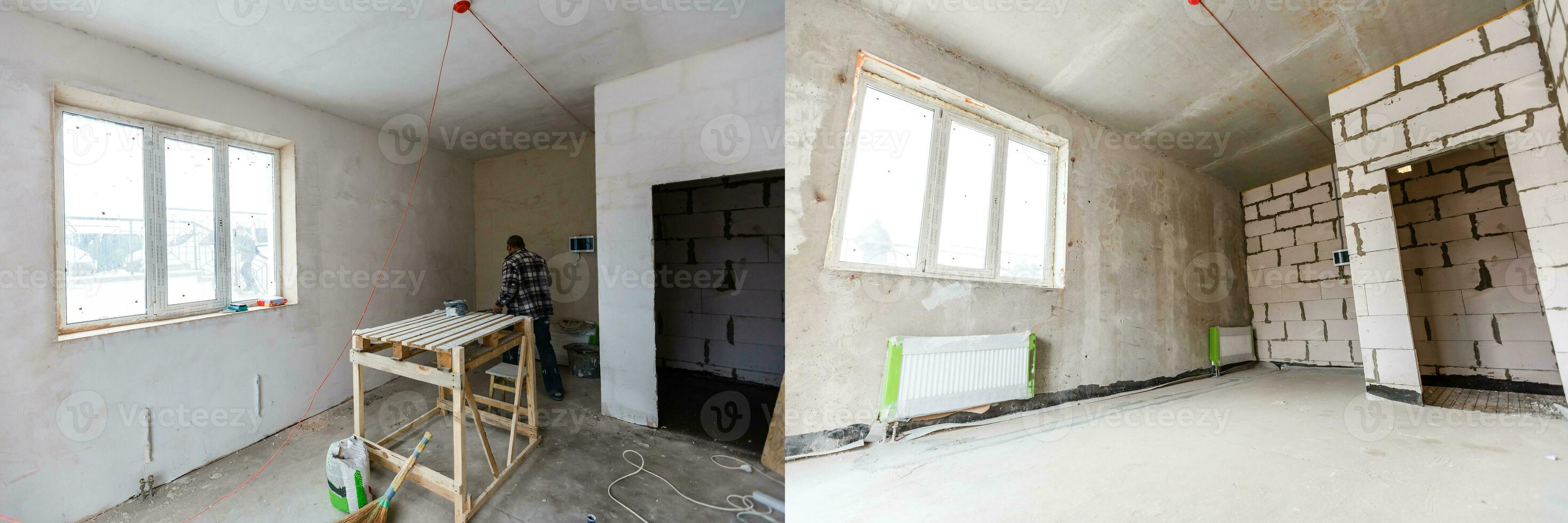 Accueil rénovation, vide pièce avant remise à neuf ou restauration photo