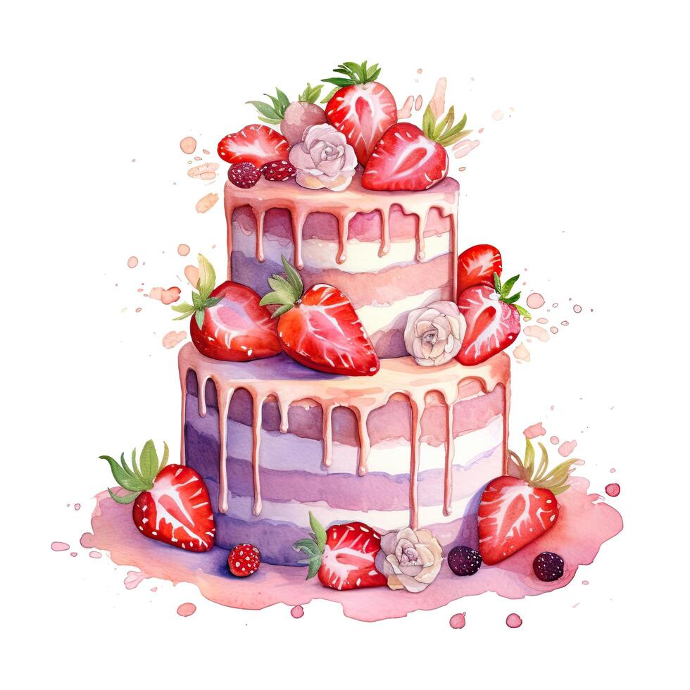 aquarelle fraise gâteau. illustration ai génératif photo