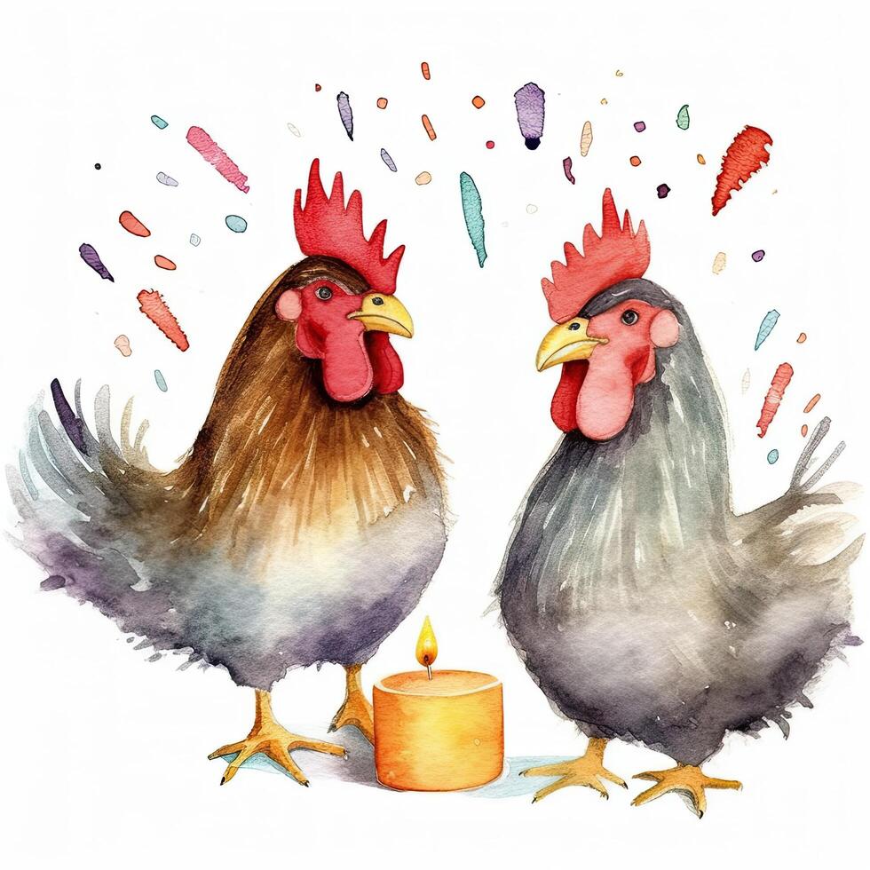mignonne aquarelle deux poulet. illustration ai génératif photo