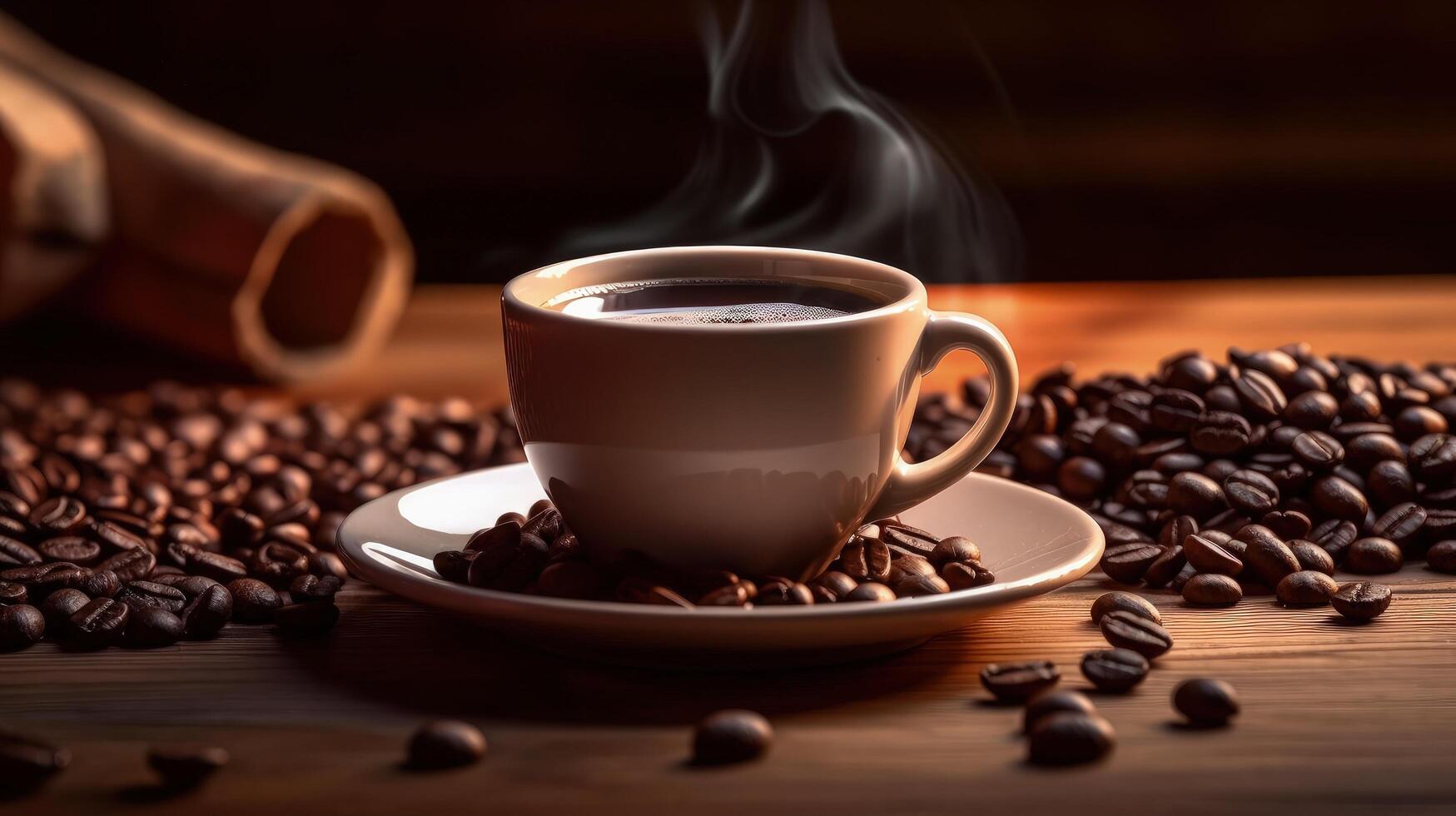 café des haricots et une tasse de noir café sur une en bois table illustration ai génératif photo