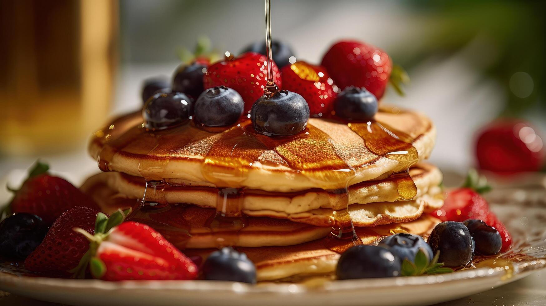 délicieux Crêpes, avec Frais myrtilles, des fraises et érable sirop illustration ai génératif photo