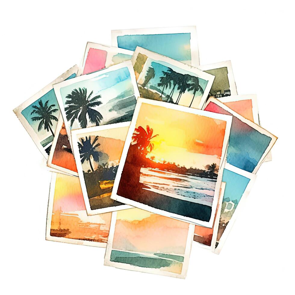 aquarelle empiler de instant Photos avec été thème. illustration ai génératif