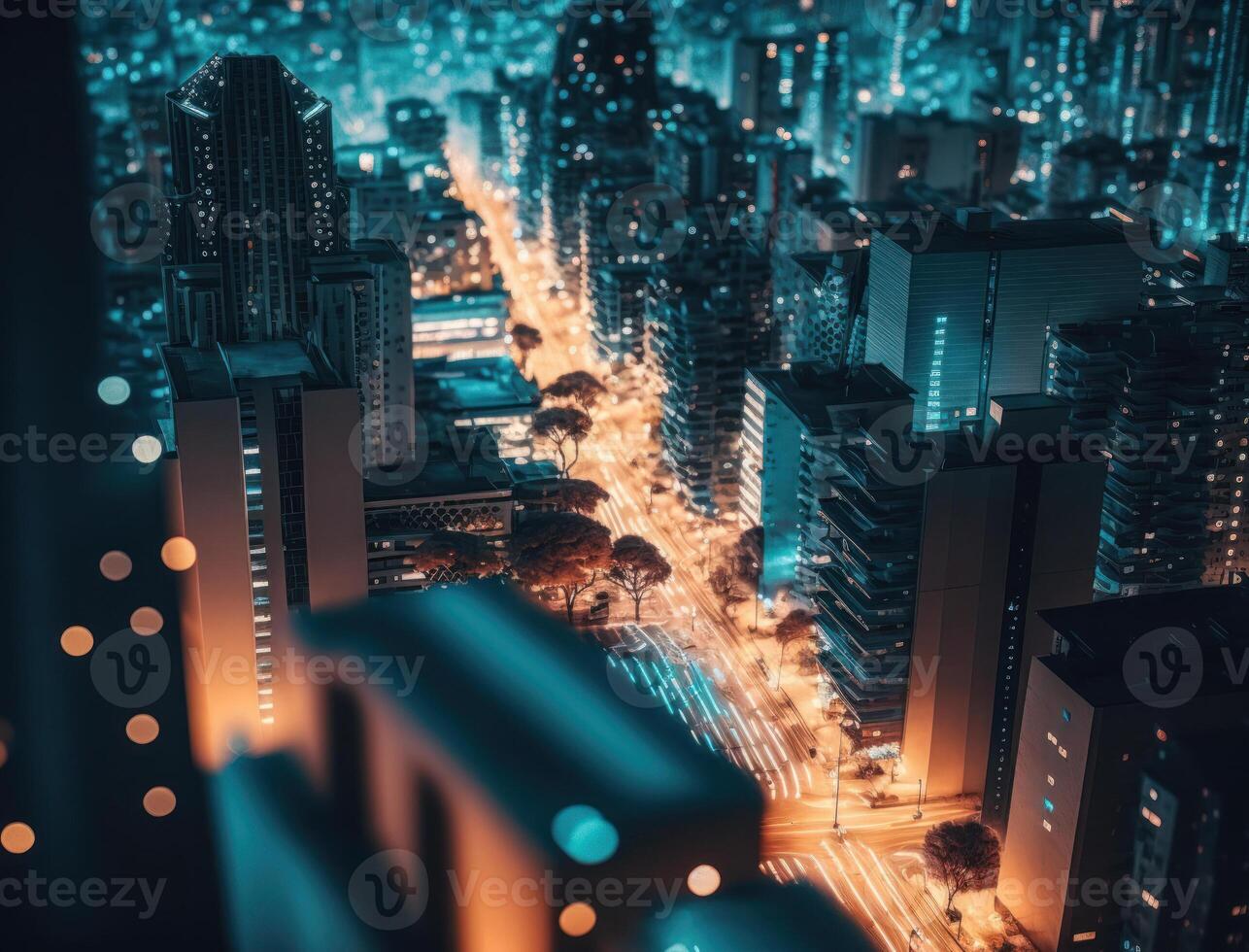 futuriste ville paysage paysage urbain isométrique vue nuit ville établi avec génératif ai La technologie photo