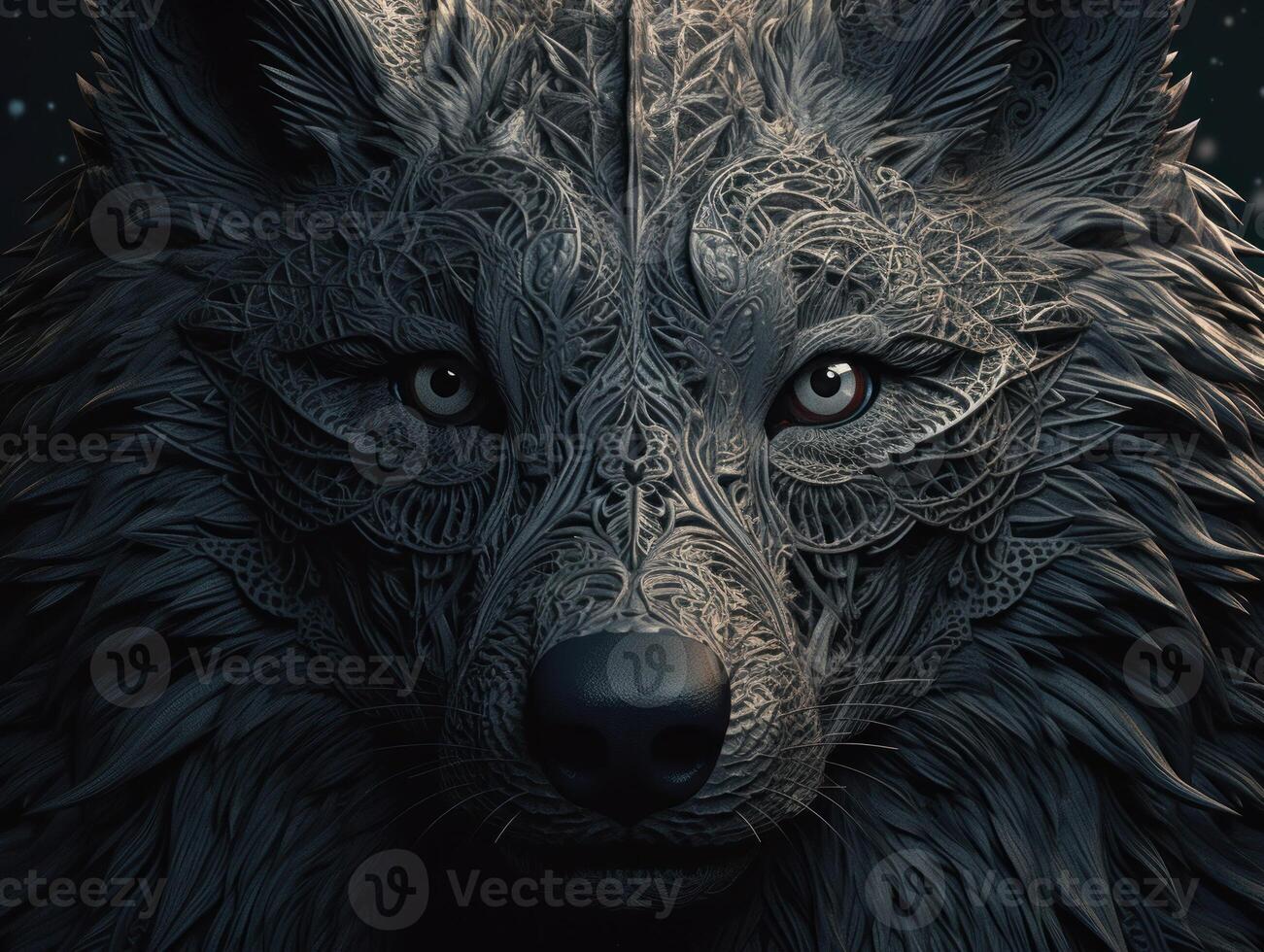 fantaisie portrait de une Loup avec un abstrait modèle sur le visage établi avec génératif ai technologie. photo