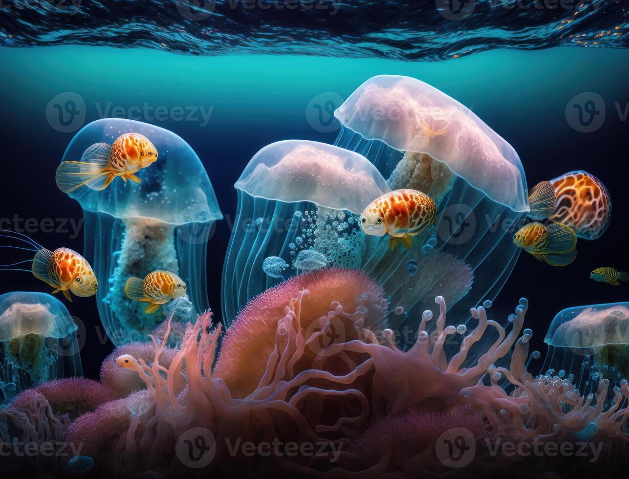 méduse nage dans le océan mer établi avec génératif ai La technologie photo