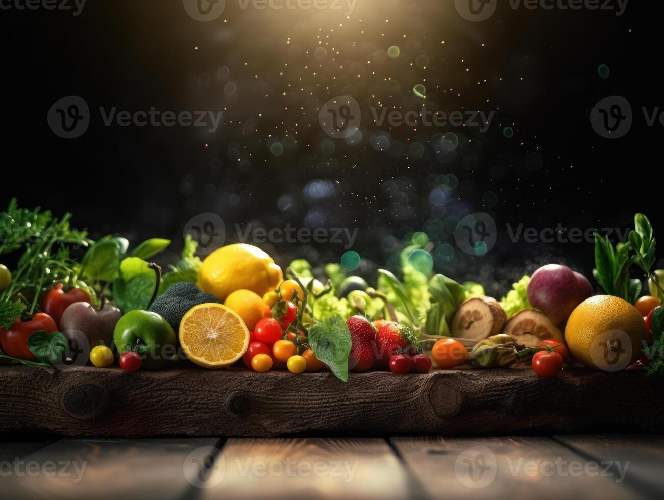 Frais des fruits et des légumes sur en bois table établi avec génératif ai La technologie photo