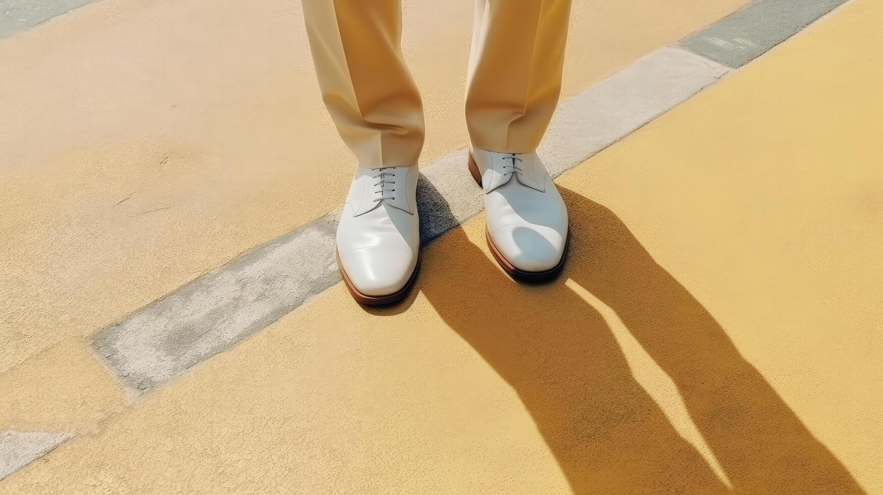 élégant homme dans blanc des chaussures sur ville rue illustration ai génératif photo