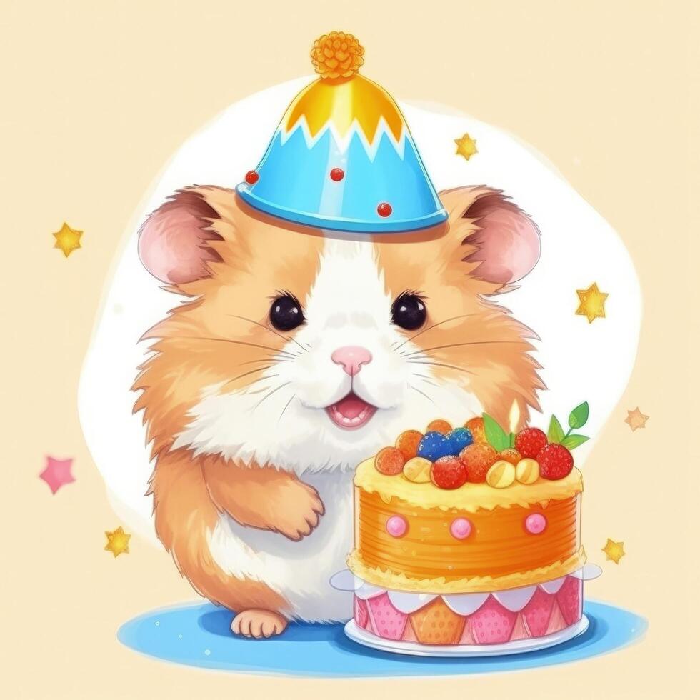 mignonne anniversaire hamster avec gâteau. illustration ai génératif photo