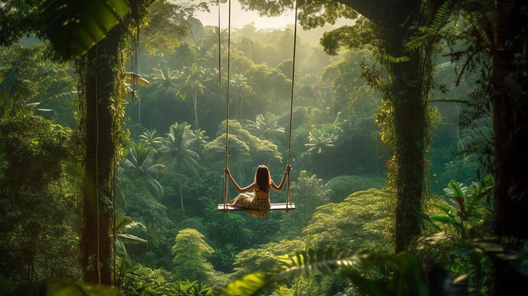 femme avec longue balançoire et forêt. illustration ai génératif photo