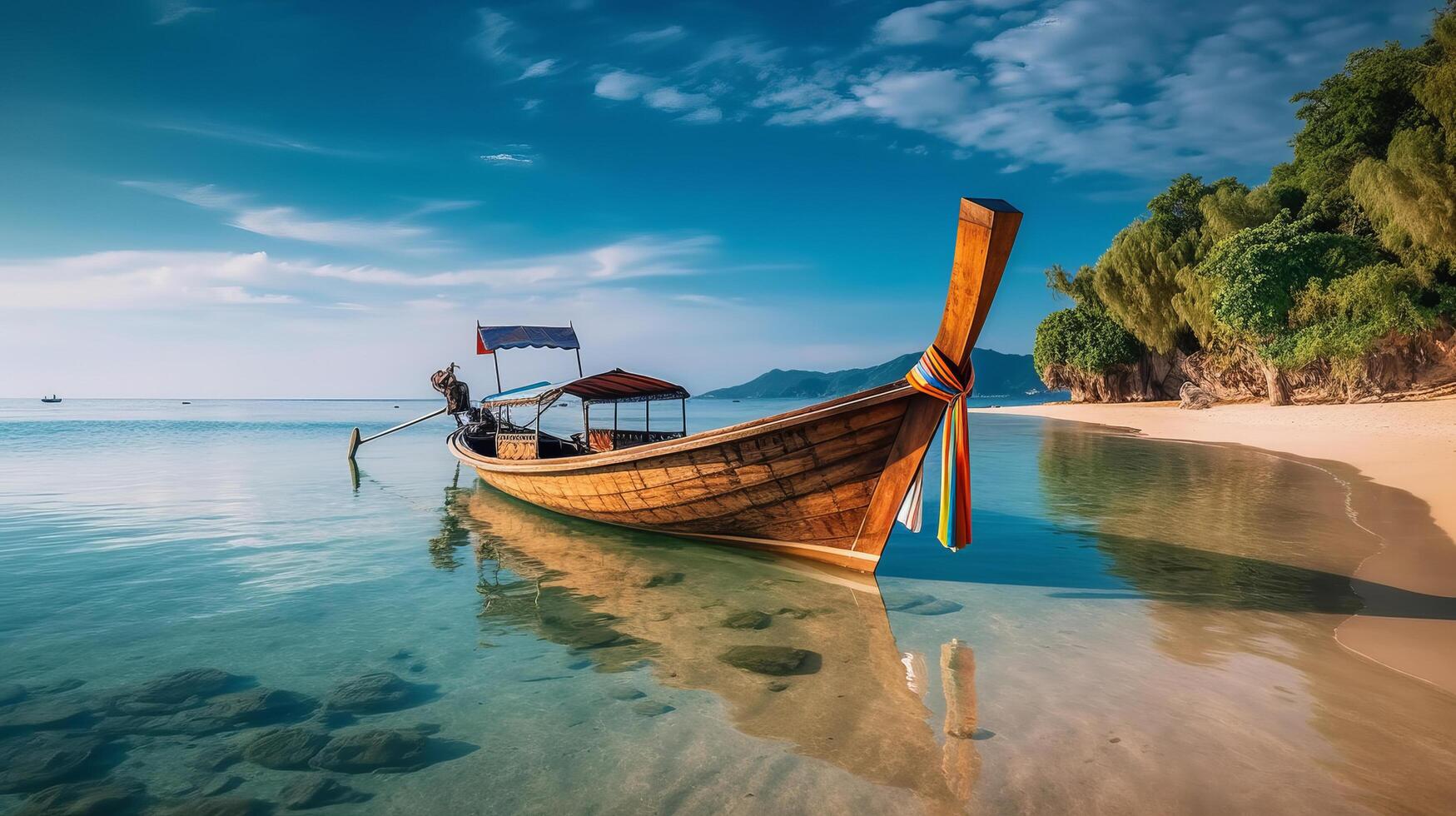 thaïlandais traditionnel en bois longue queue bateau. illustration ai génératif photo