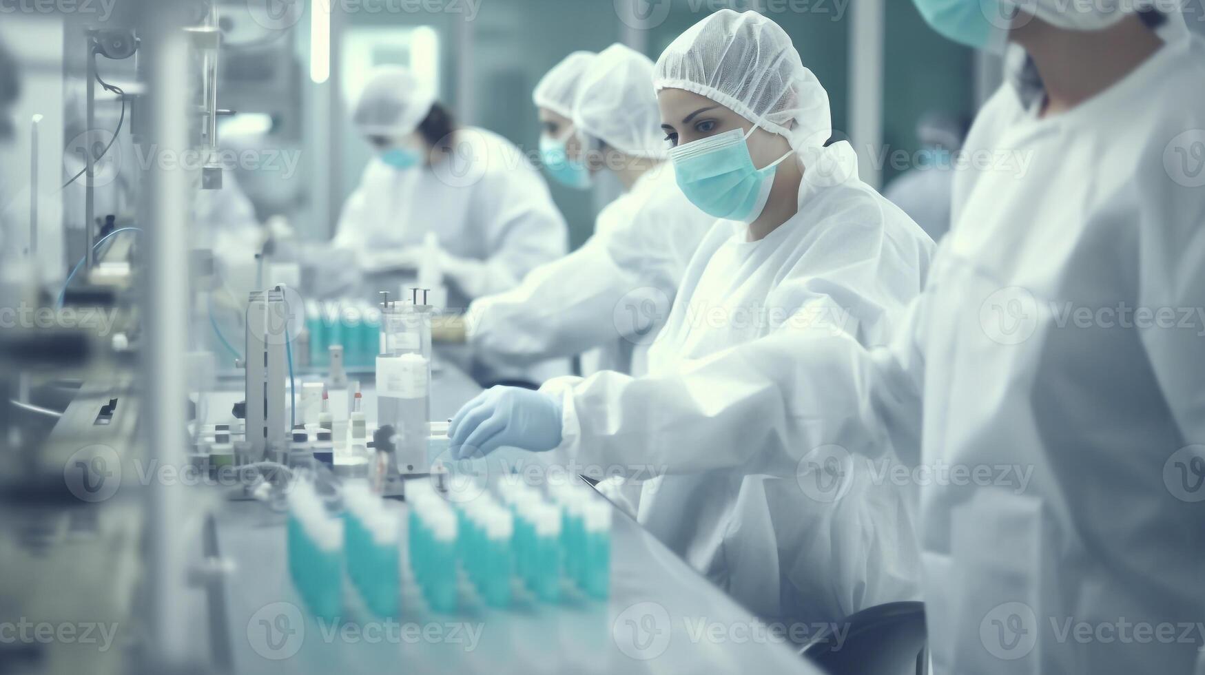 Personnel dans uniforme vérifier médical flacons sur production ligne à pharmaceutique usine, pharmaceutique machine travail pharmaceutique verre bouteilles production, génératif ai photo