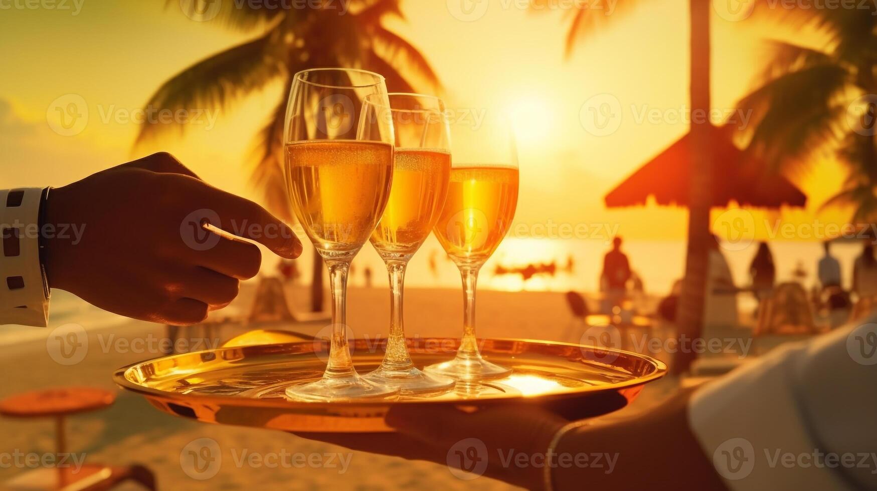 serveur portion Champagne sur une plateau. été plage le coucher du soleil vacances vacances à plage avec paume des arbres, ai génératif photo