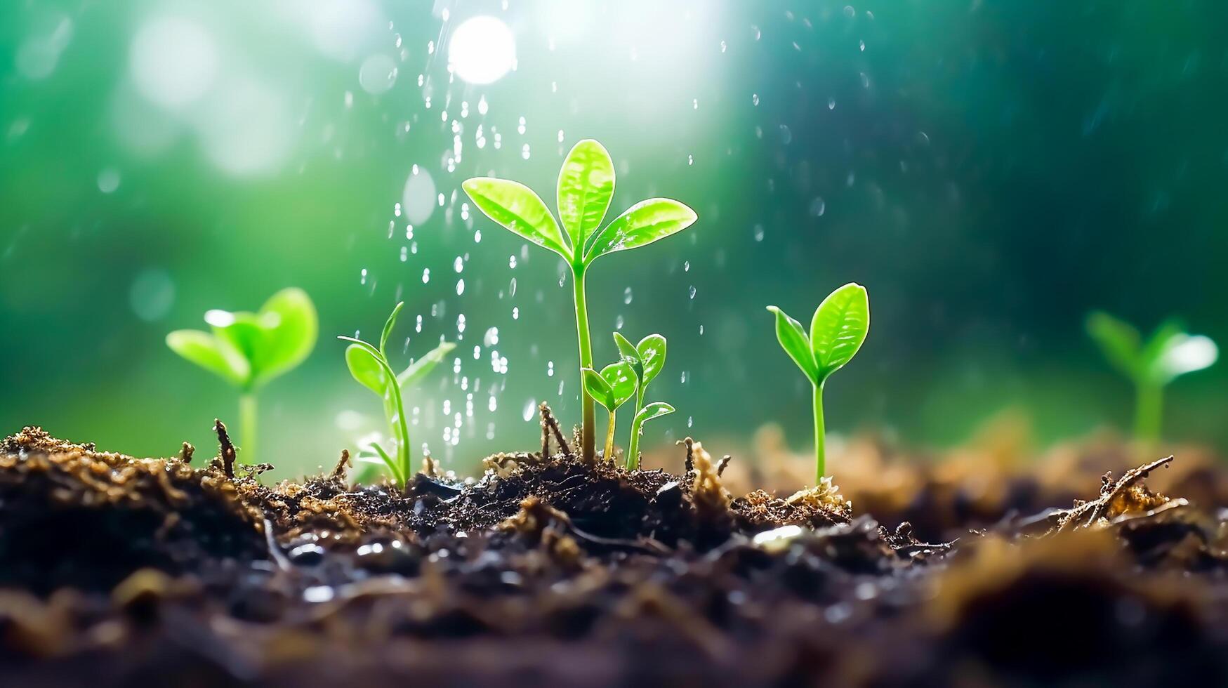 Jeune plante avec laissez tomber de pluie l'eau dans lumière du soleil, croissance plante grandir en haut, génératif ai photo