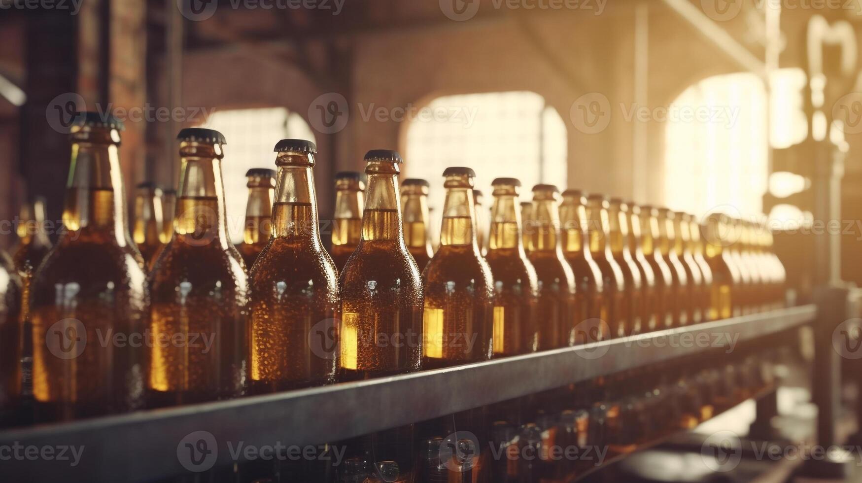 Bière bouteilles sur production ligne avec gros machine à boisson usine intérieur, machine travail bouteilles production doubler, génératif ai photo