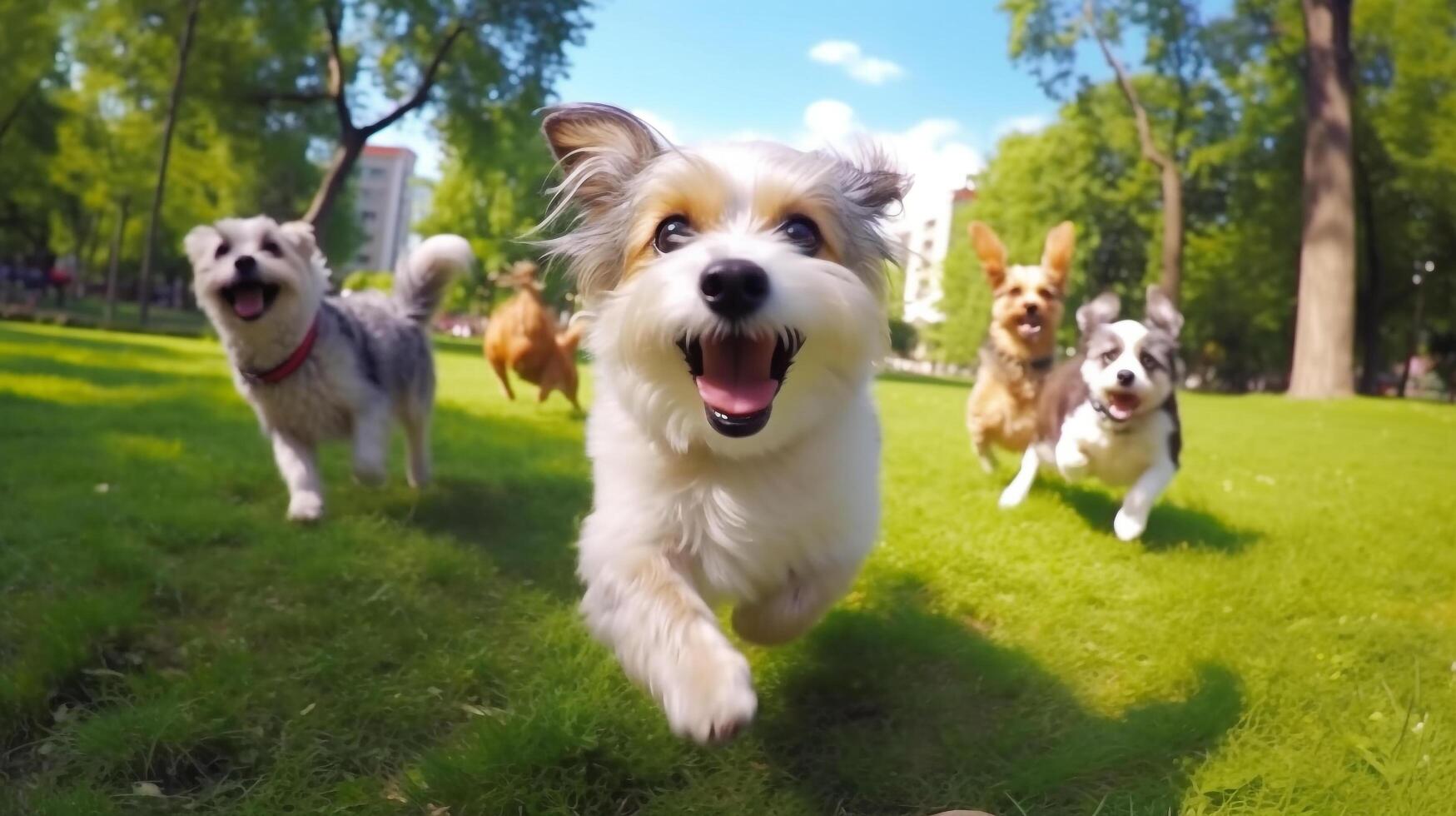 mignonne marrant chiens groupe fonctionnement et en jouant sur vert herbe dans parc, génératif ai photo