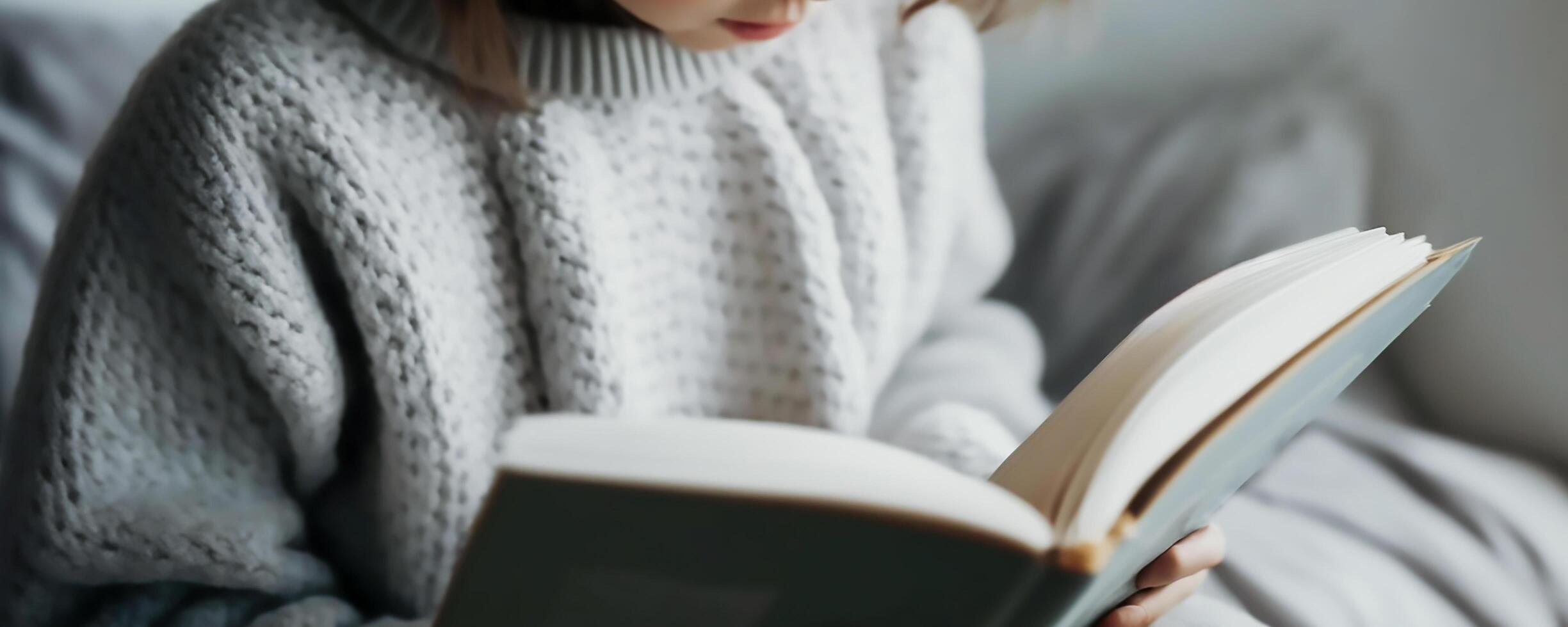 Jeune fille dans blanc cardigan en train de lire ouvert livre, connaissance et enfant en train de lire concept, génératif ai photo