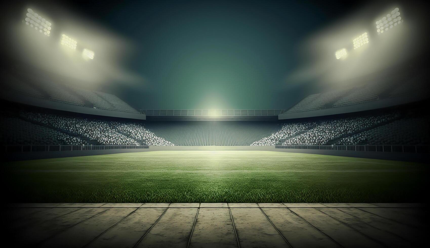 football stade illuminé par projecteurs et vide vert herbe Cour de récréation, gros stade, génératif ai photo