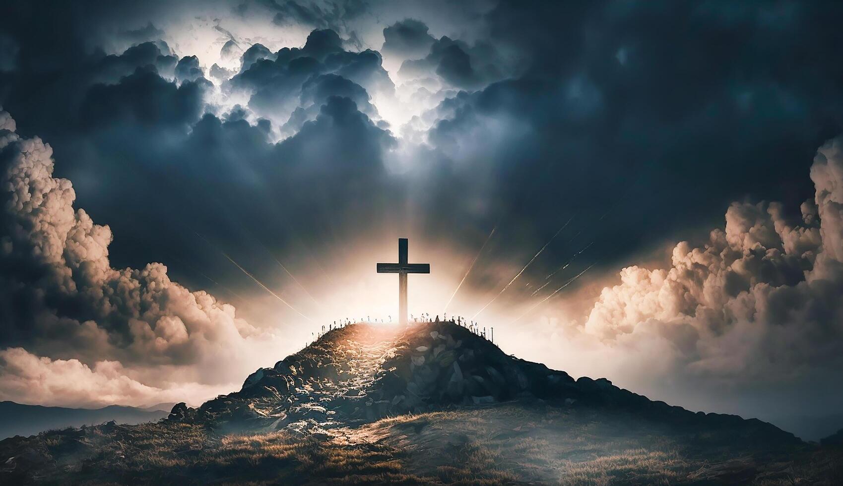 saint traverser symbolisant le décès et résurrection de Jésus Christ avec le ciel plus de Golgotha colline est enveloppé dans lumière et des nuages, ai génératif photo