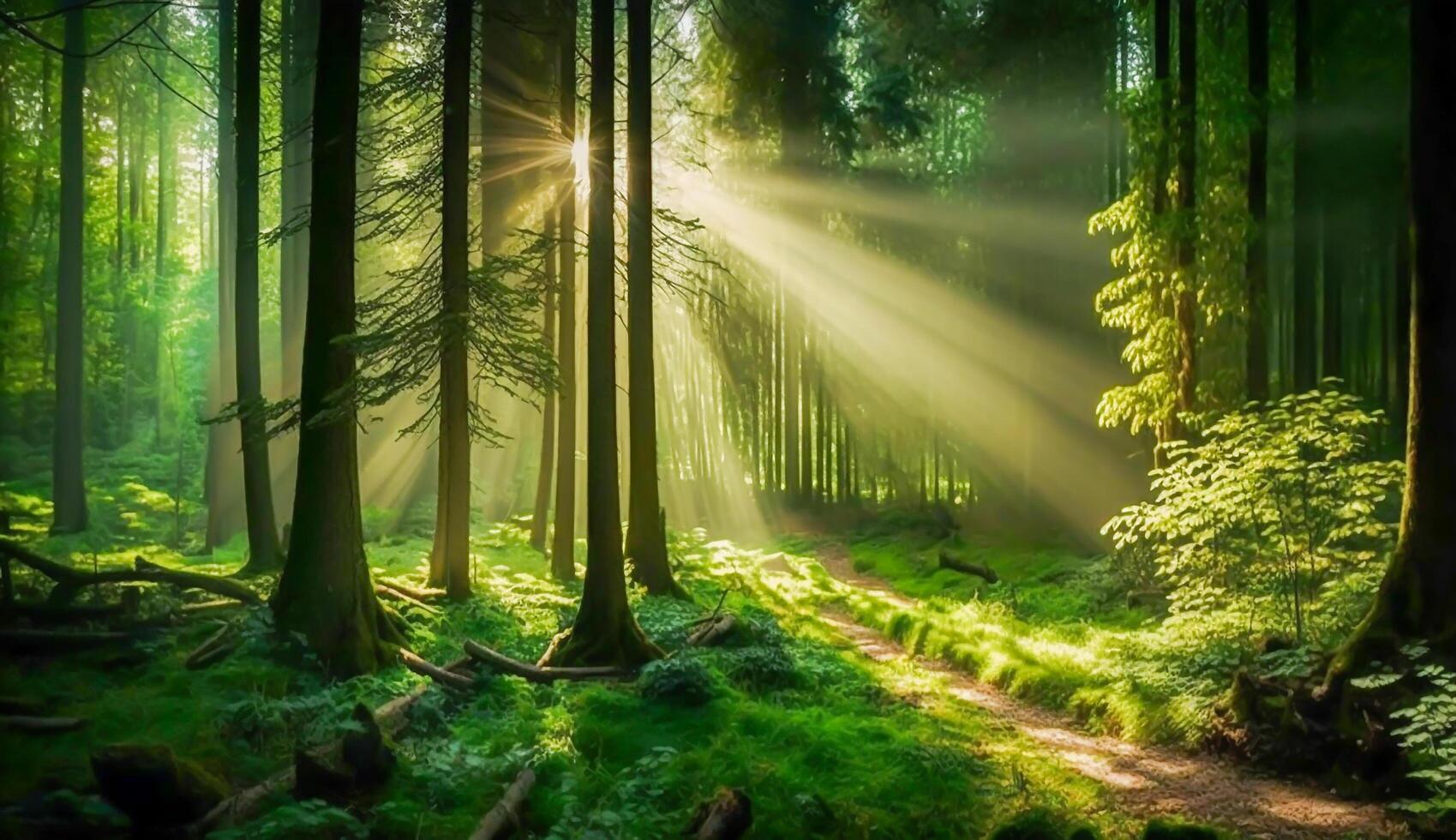 vert forêt avec magnifique des rayons de lumière du soleil, forêt paysage, génératif ai photo