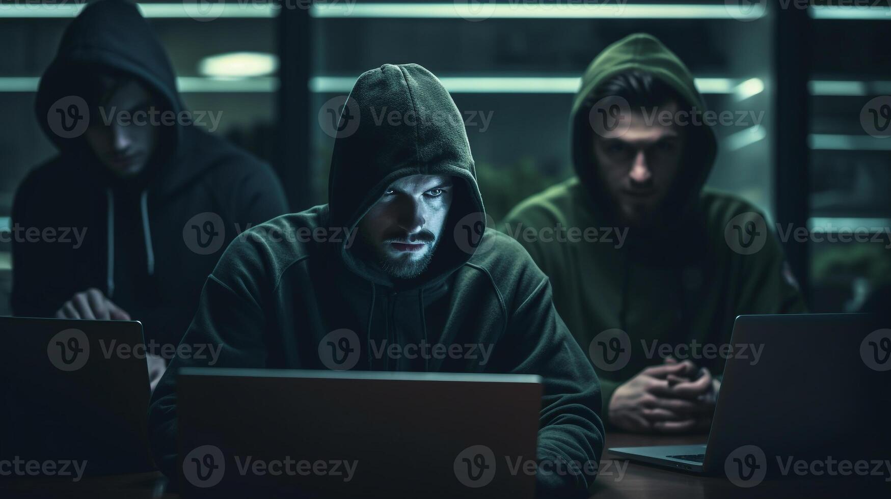 les pirates avec sweats à capuche. pirate groupe équipe dans de face portable dans moderne bureau, génératif ai photo