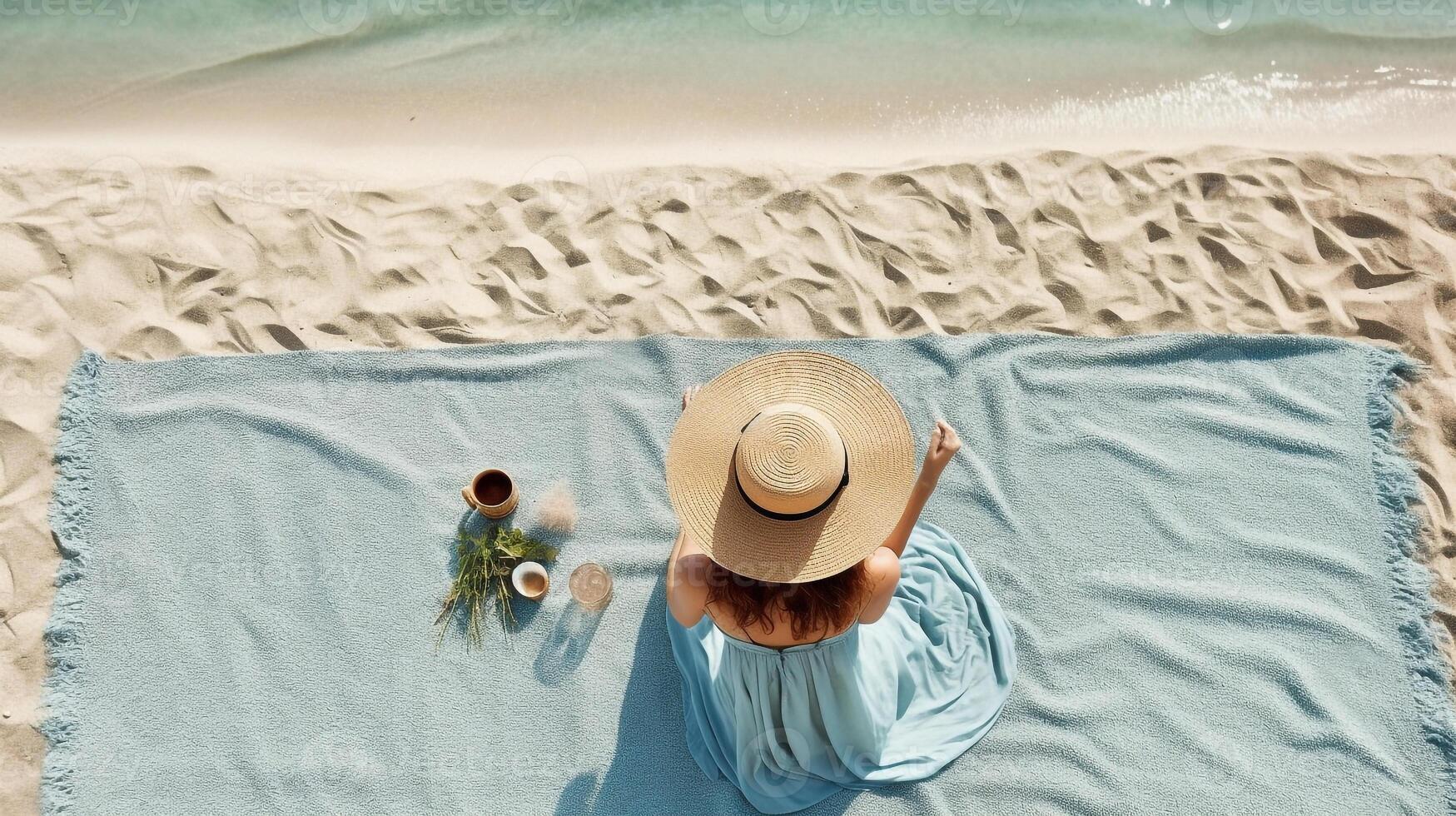 sablonneux plage avec femme et bleu mer comme arrière-plan, génératif ai photo