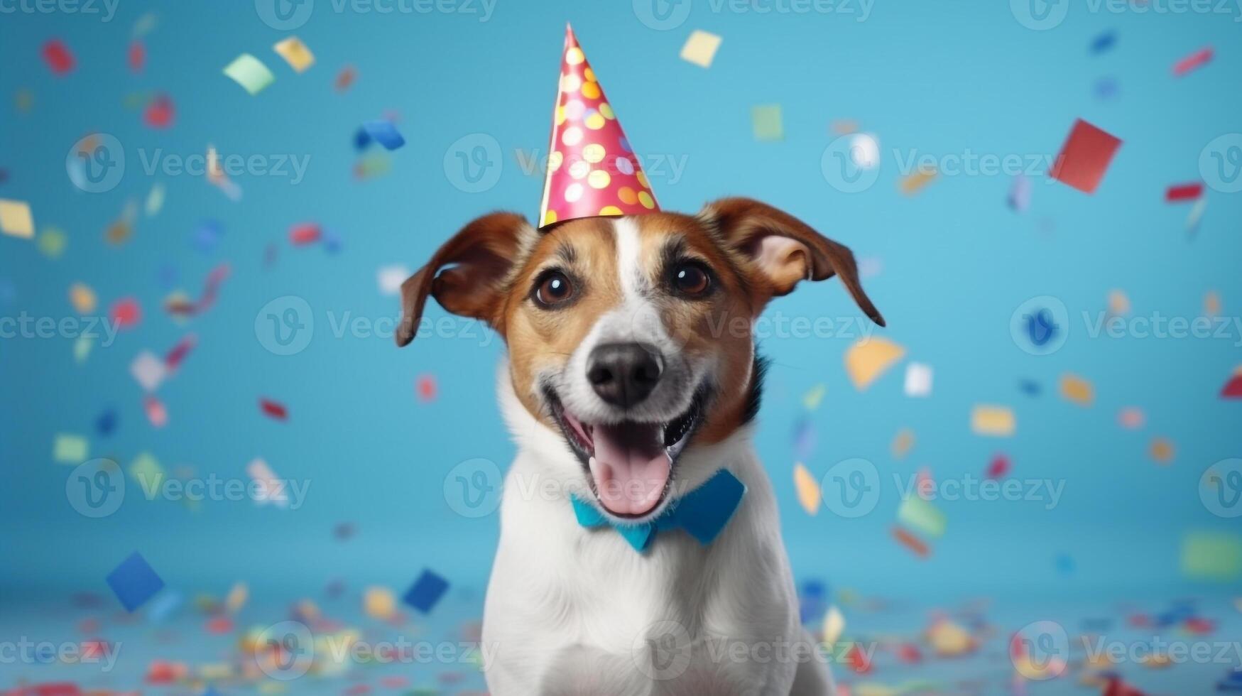 content et marrant mignonne chien portant fête chapeau célébrer anniversaire et coloré confettis écoulement en haut sur bleu studio, génératif ai photo